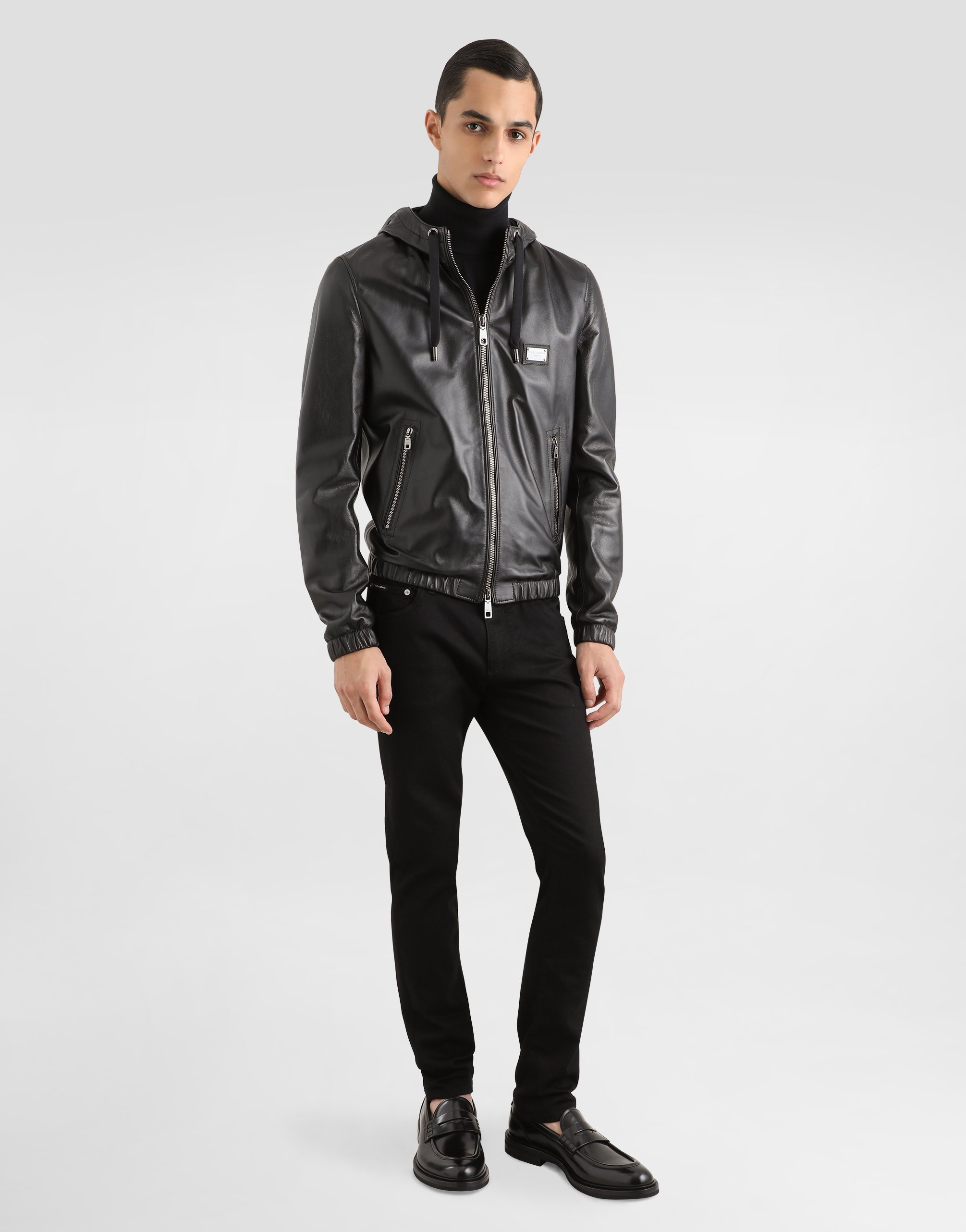 Leather jacket with hood and branded tag - 2