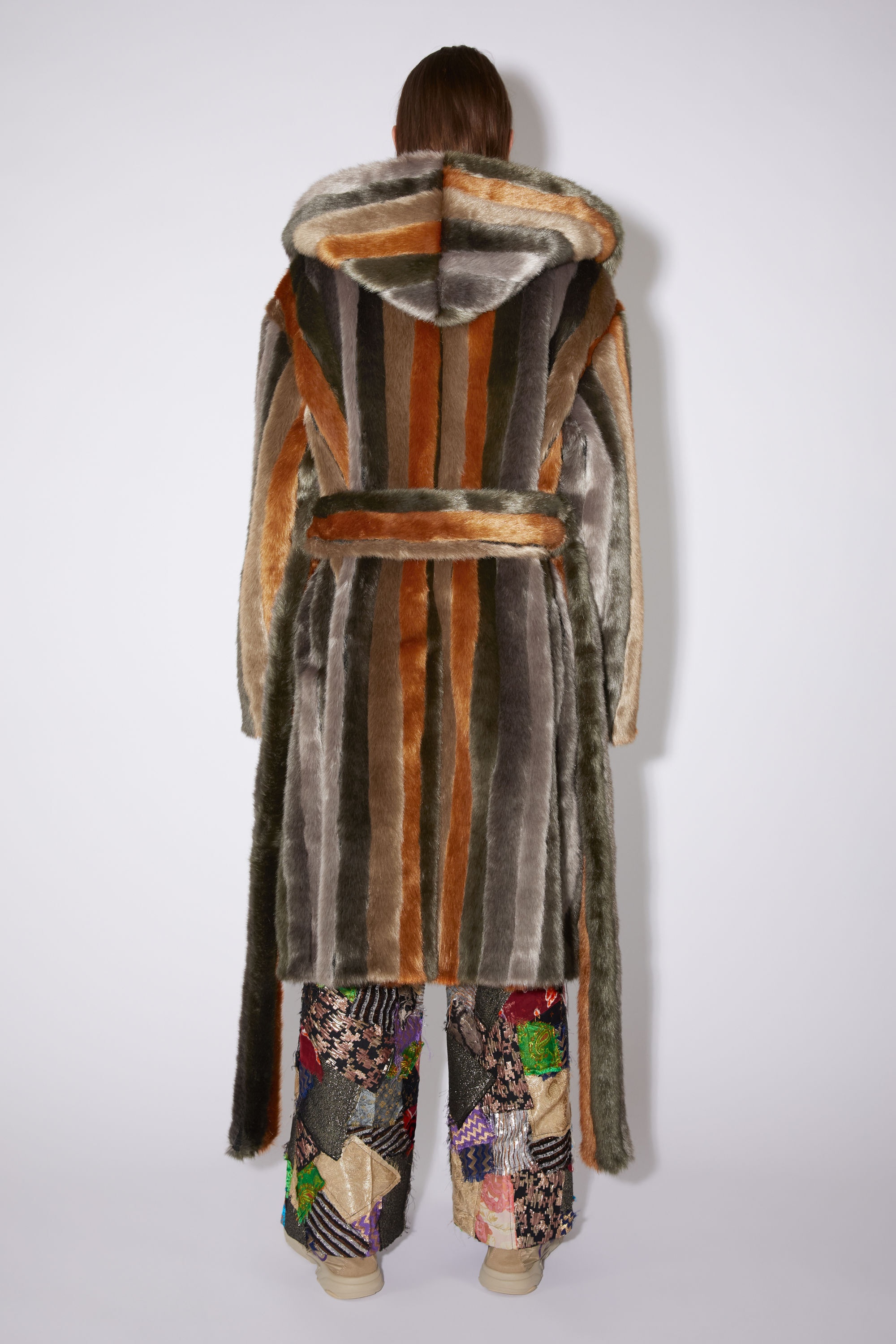 Striped furry hooded coat - Brown - 3