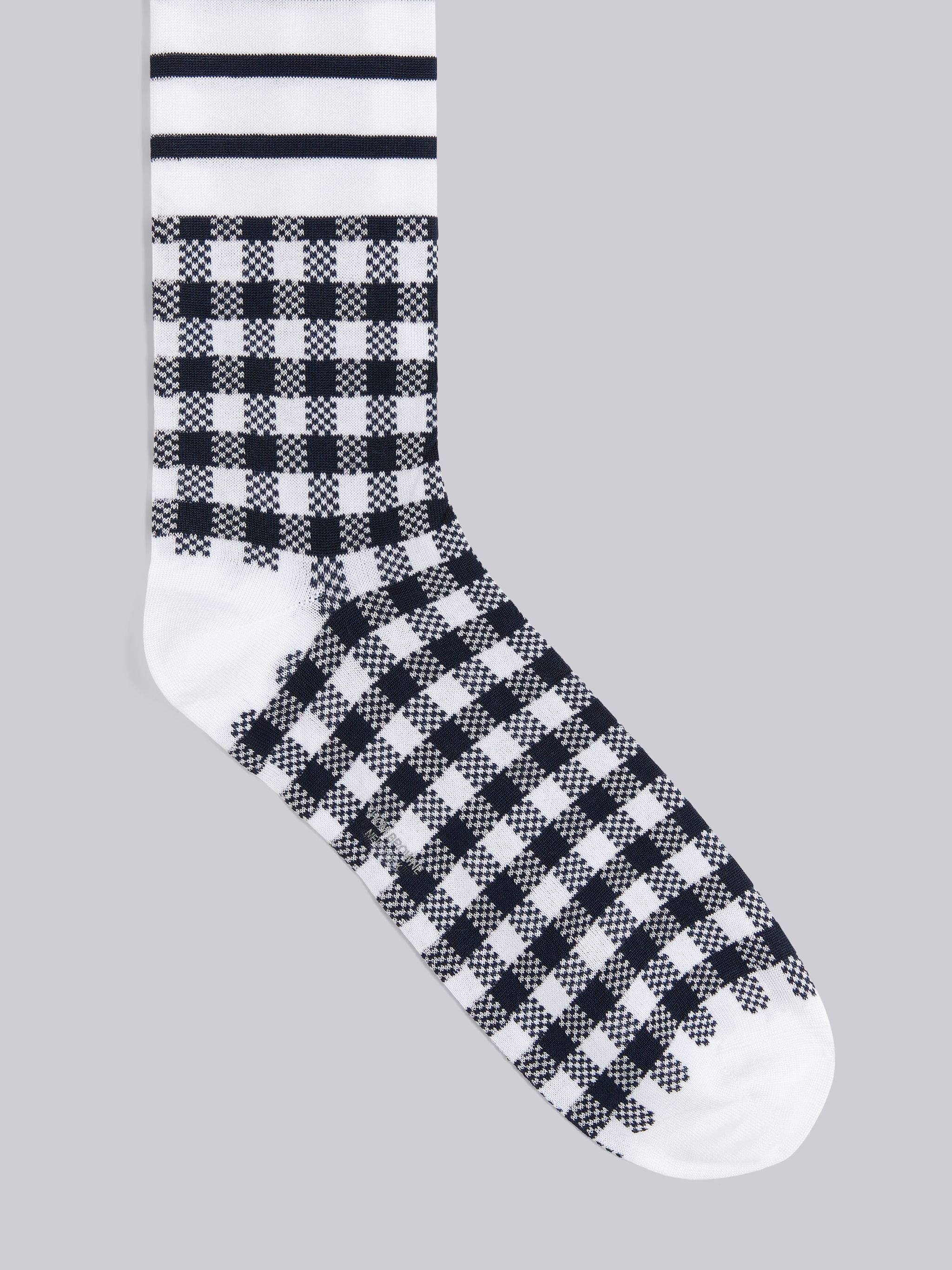 Navy Fun-Mix Gingham and Madras Mercerized Cotton 4-Bar Mid Calf Socks - 2