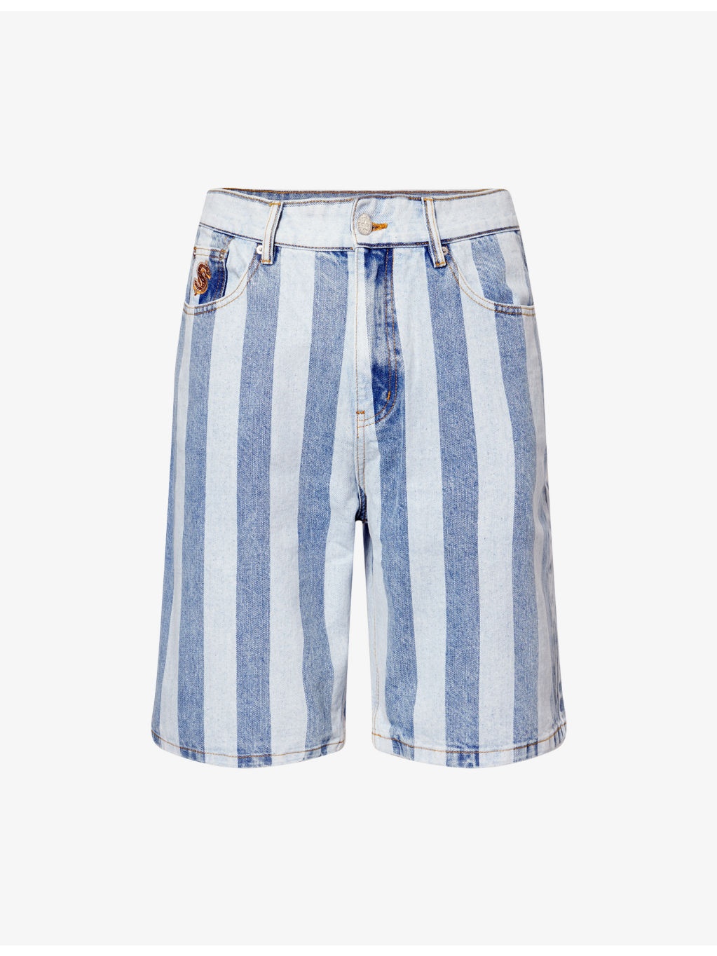 Striped Embroidered Denim Shorts - 1