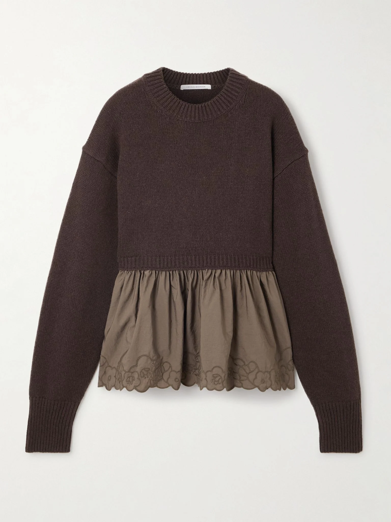 Embroidered cashmere and wool-blend and shell peplum sweater Brown - 1