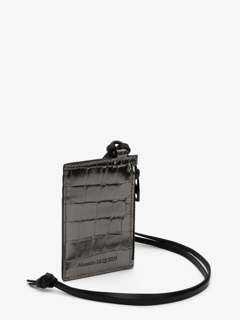 Embossed Croc Card Holder With Strap in Graphite - 2