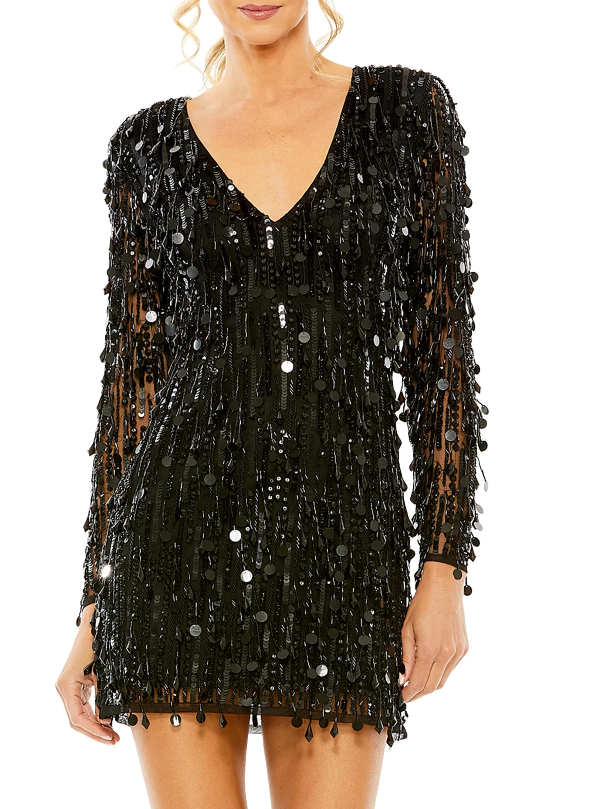 Women's Long-Sleeve Beaded Fringe Minidress - Black - 1