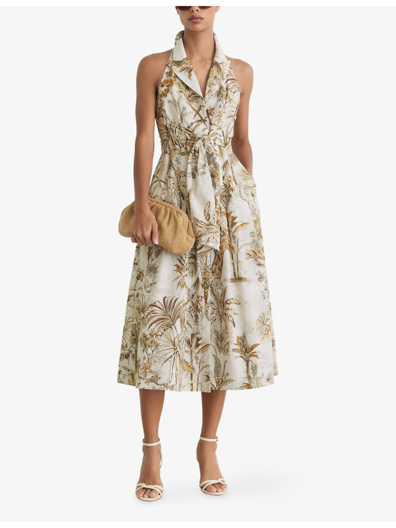REISS Carla Palm-Print Linen Midi Dress outlook