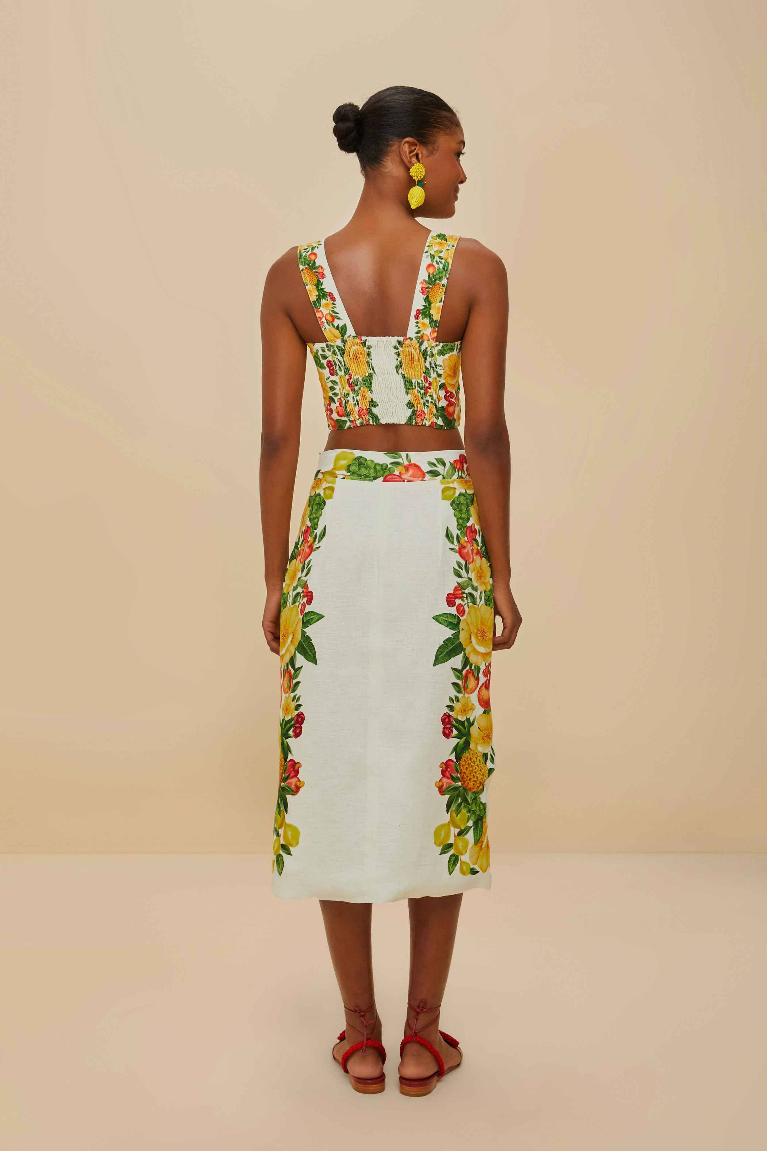 Off-White Picnic Flowers Euroflax™ Premium Linen Viscose Midi Skirt - 4