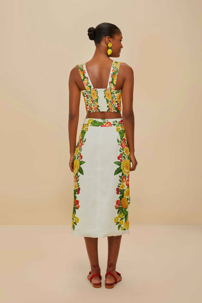 Off-White Picnic Flowers Euroflax™ Premium Linen Viscose Midi Skirt 4