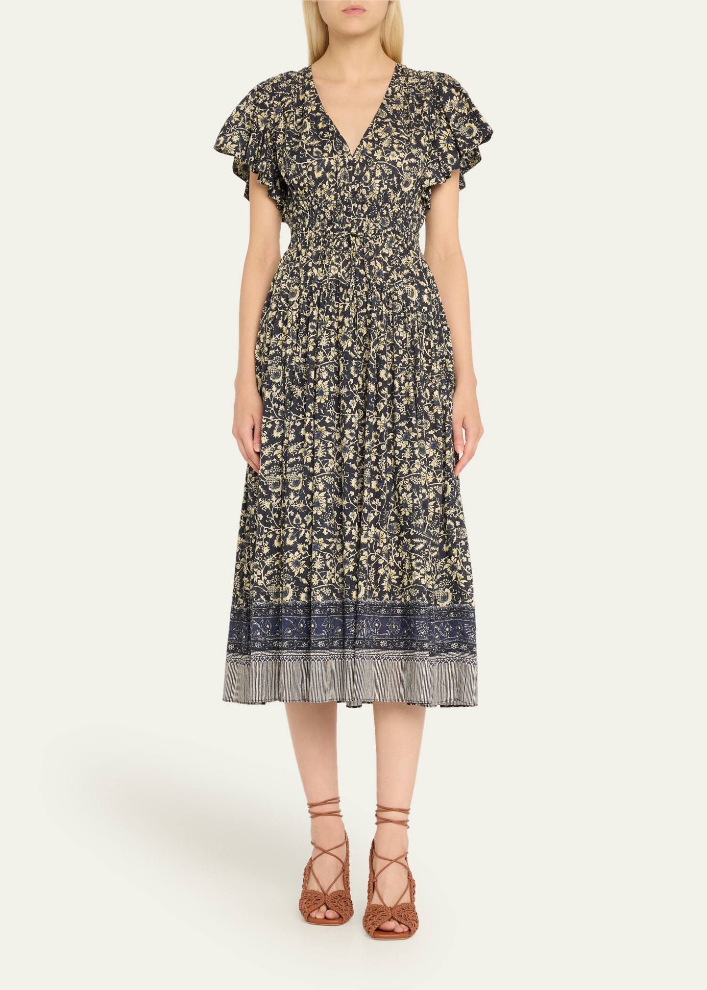 Lyria Flutter-Sleeve Floral Midi Dress - 2