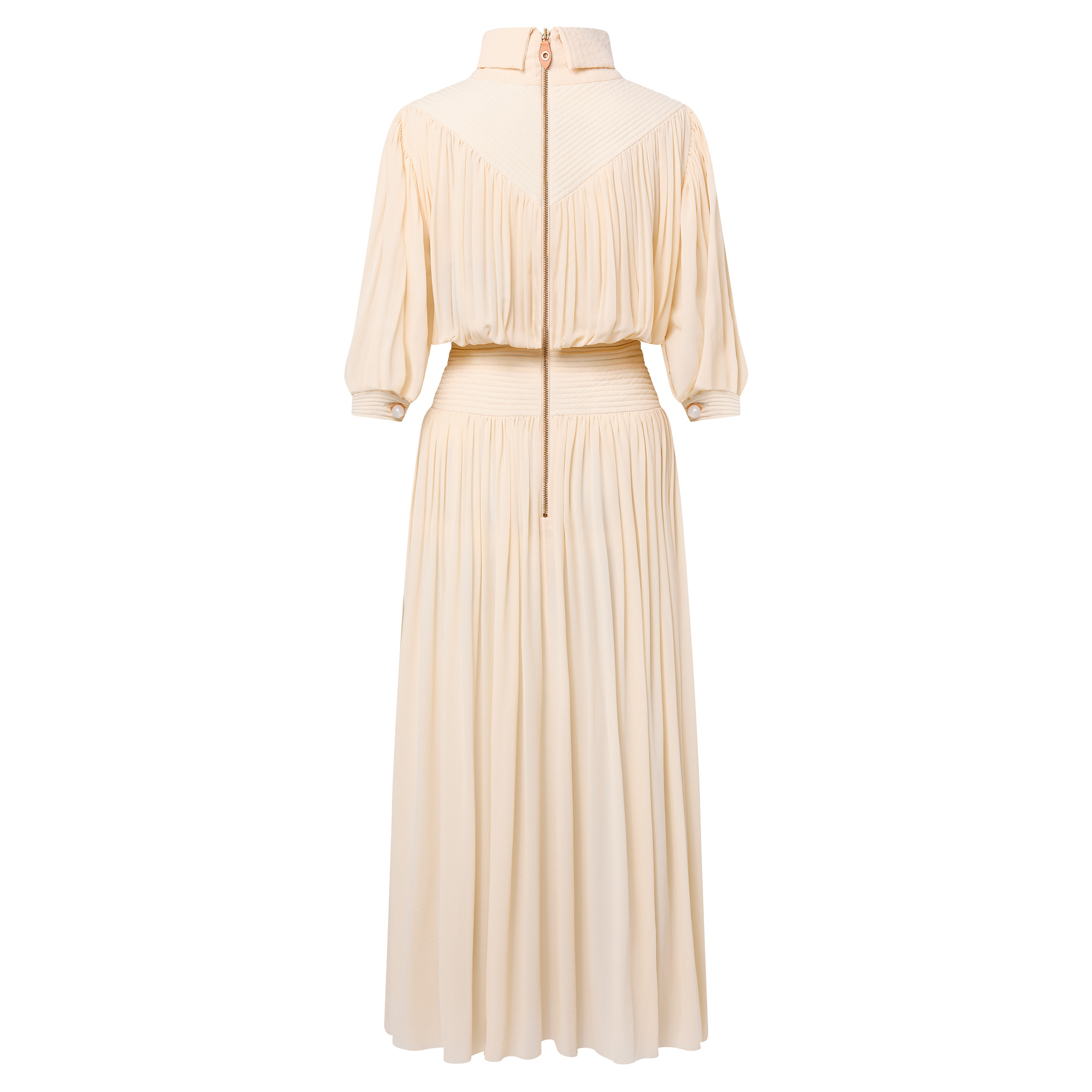 Fold-over Collar Gathered Silk Midi Dress - 3