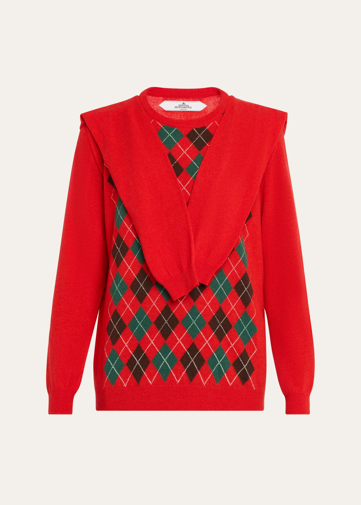 Double-Sleeve Argyle Crewneck Sweater - 1