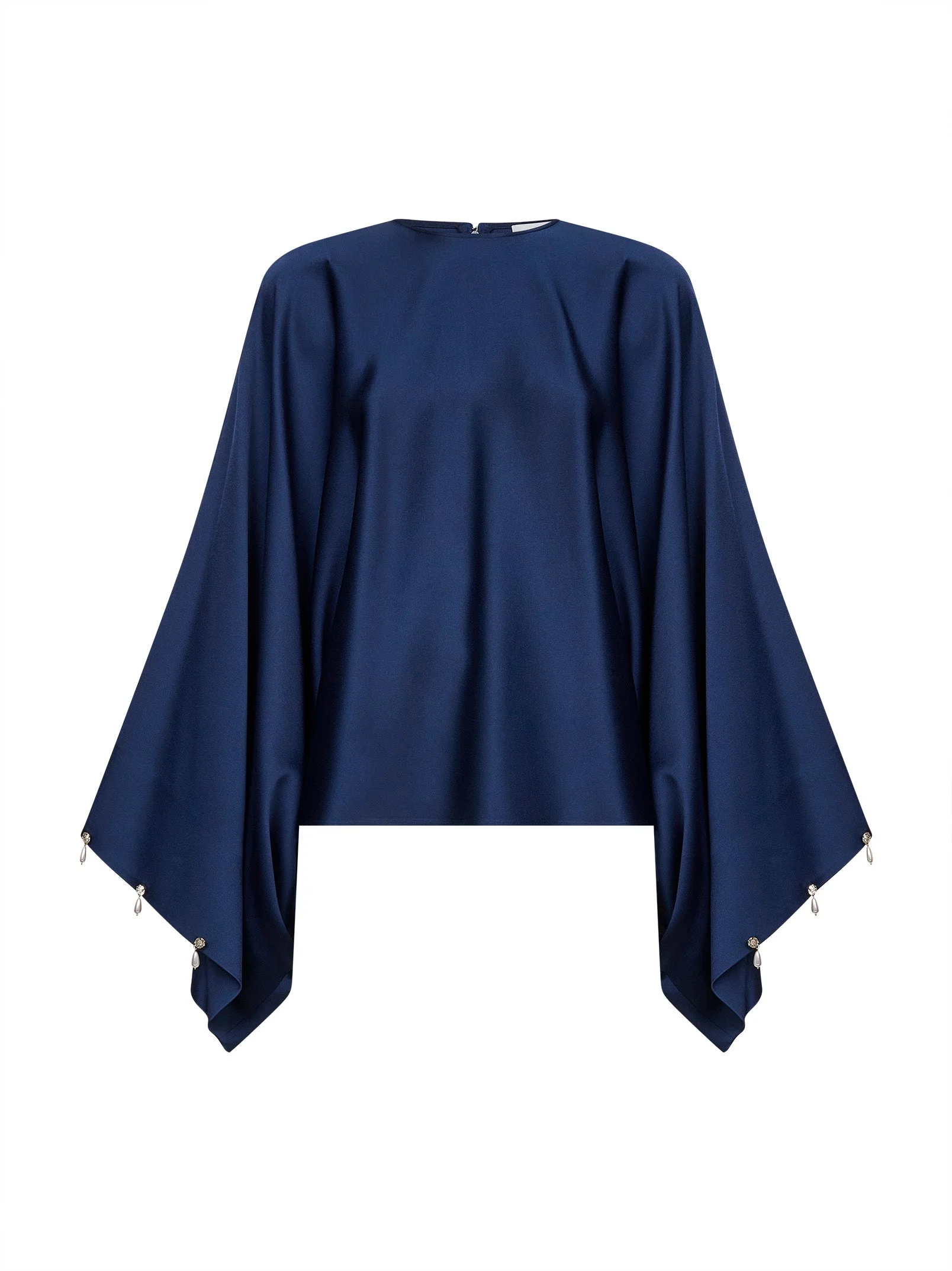 Navy blue envers satin pearl and crystal-embellished blouse - 1