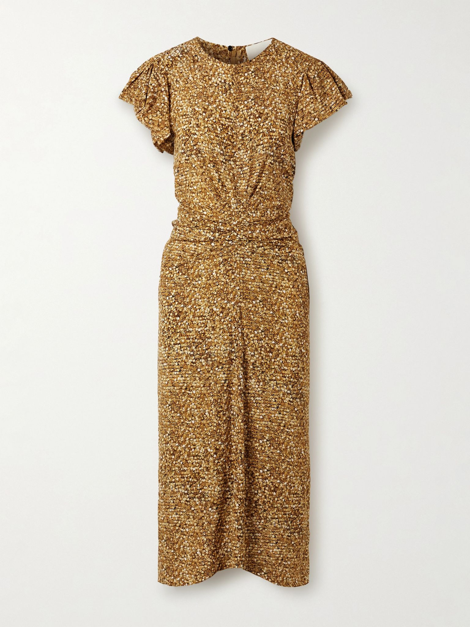 Terena gathered printed stretch-silk crepe de chine midi dress Brown - 1