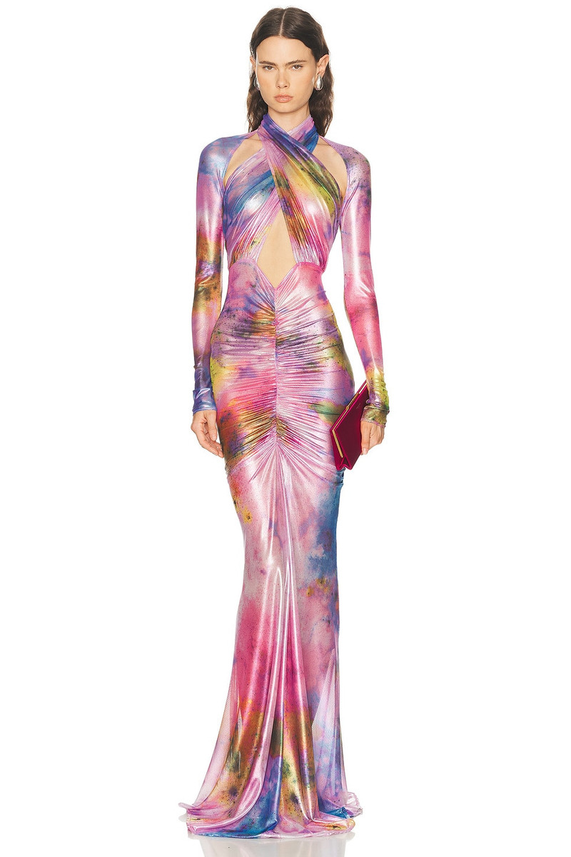 Printed Metallic Mesh Halter Ruched Gown 1