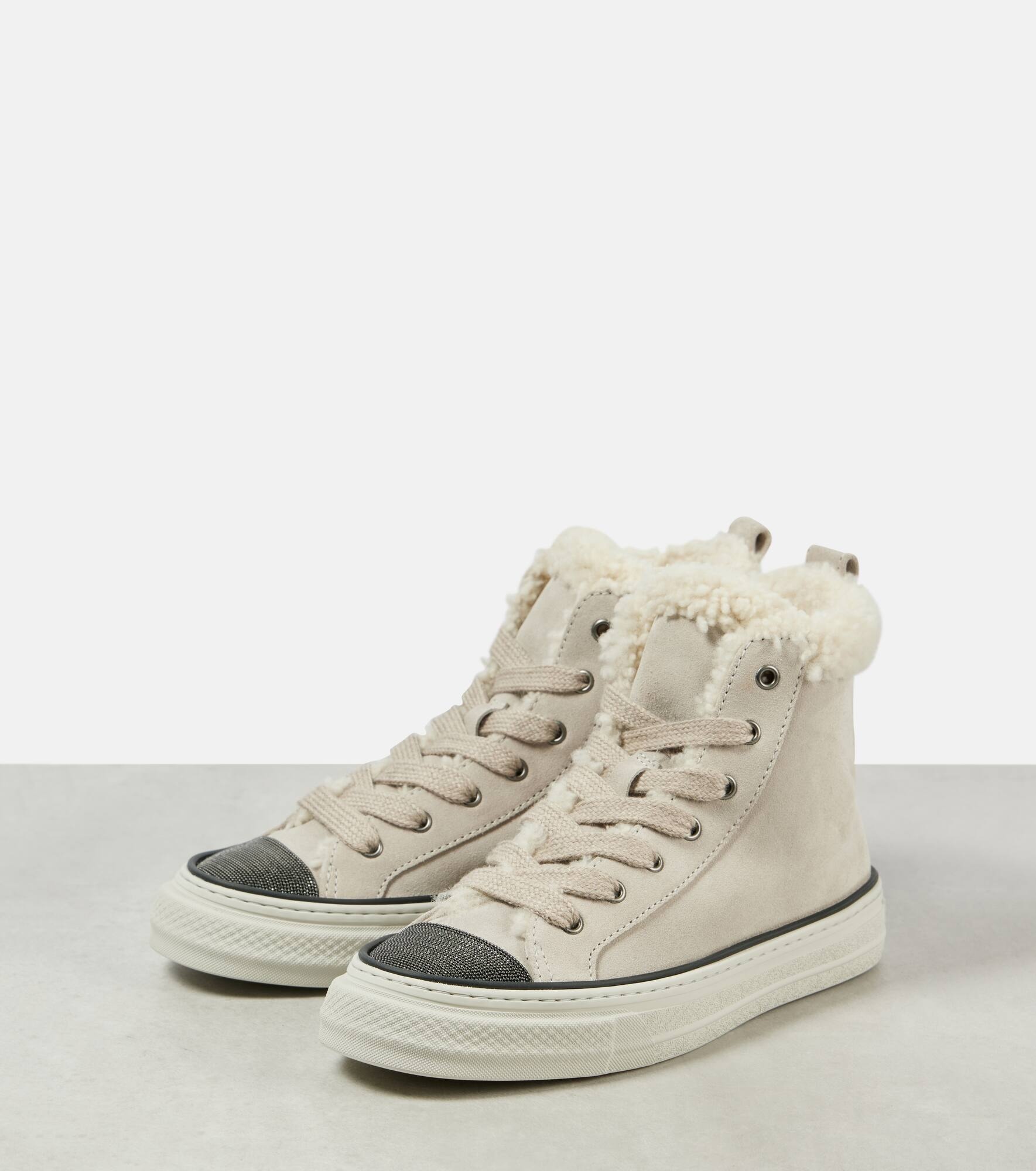 Shearling-trimmed suede high-top sneakers - 5