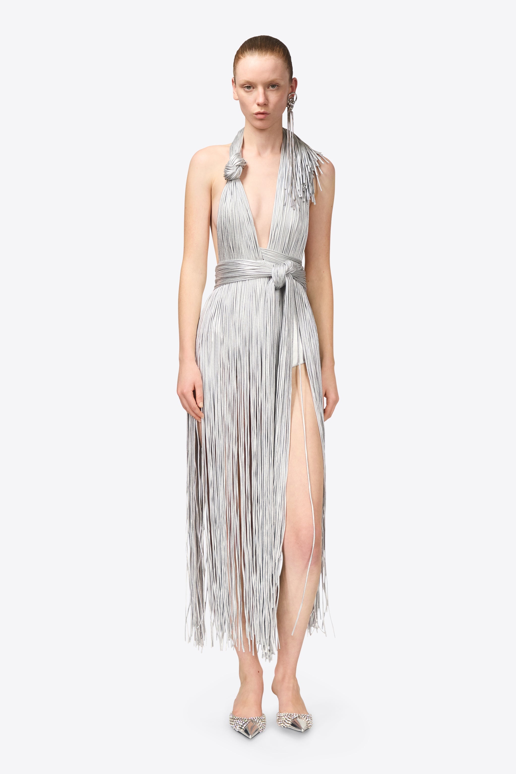 METALLIC FRINGE HALTER MIDI DRESS - 6