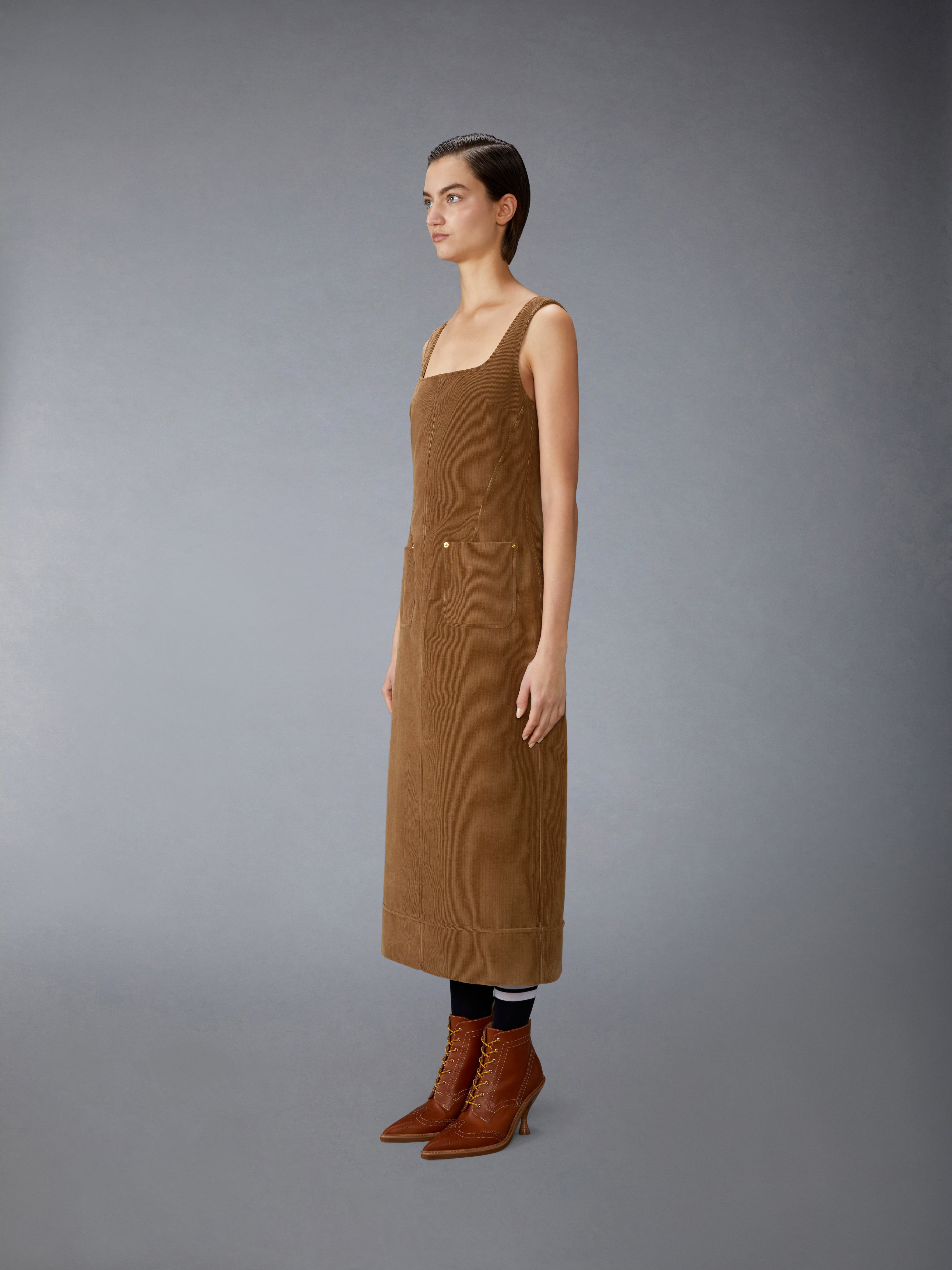 WALE CORDUROY SQUARE NECK COLUMN DRESS - 5