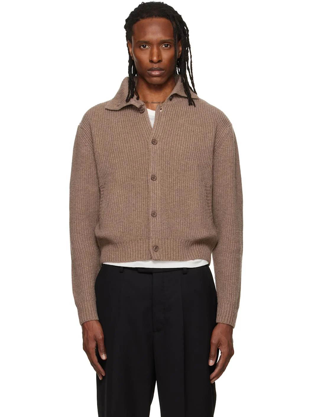 Beige High Neck Merino Wool Cardigan - 1