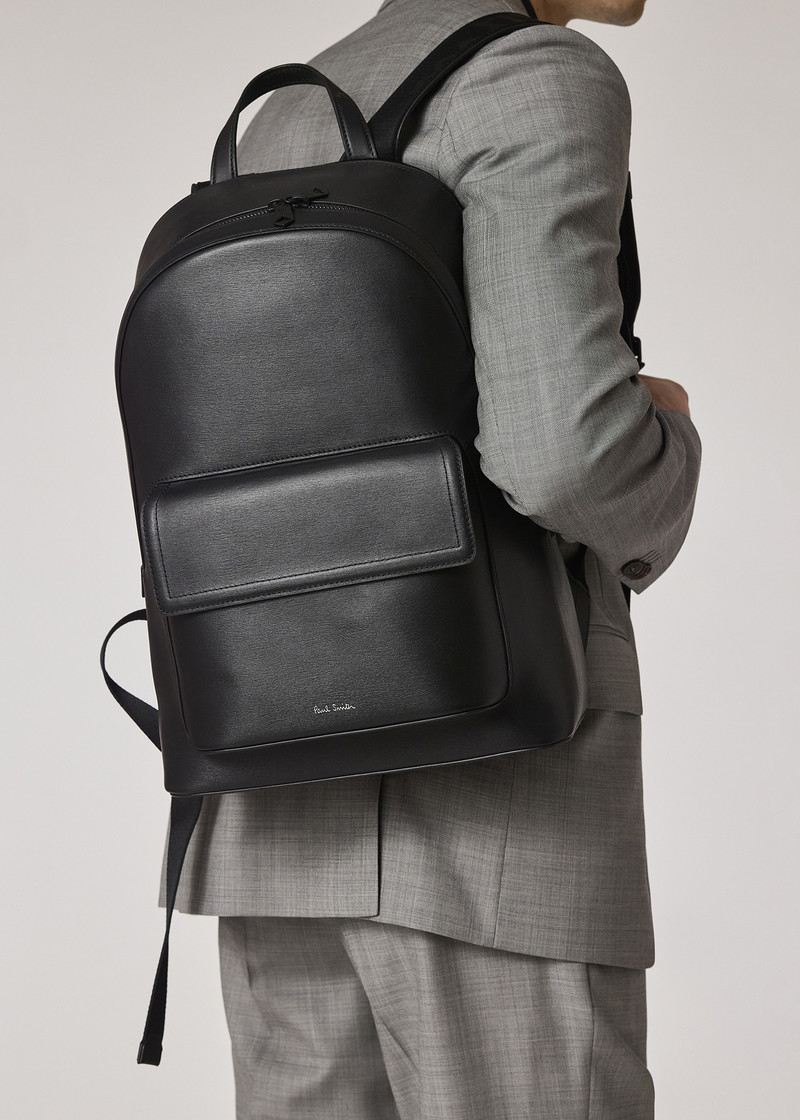 Black Straw-Grain Embossed Leather Backpack 9