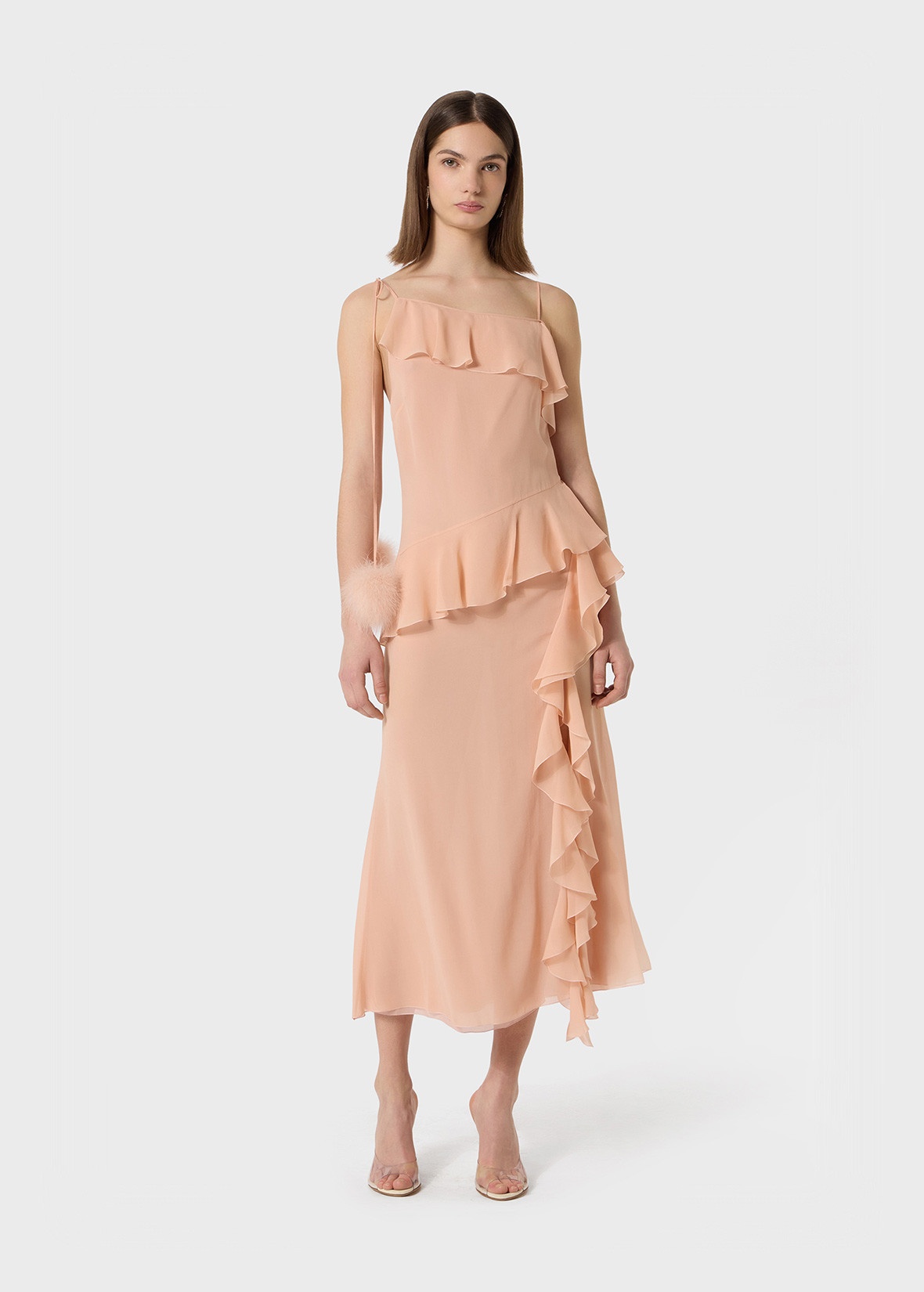 MIDI DRESS IN GEORGETTE WITH RUFFLES AND FEATHER POM-POMS. - 2