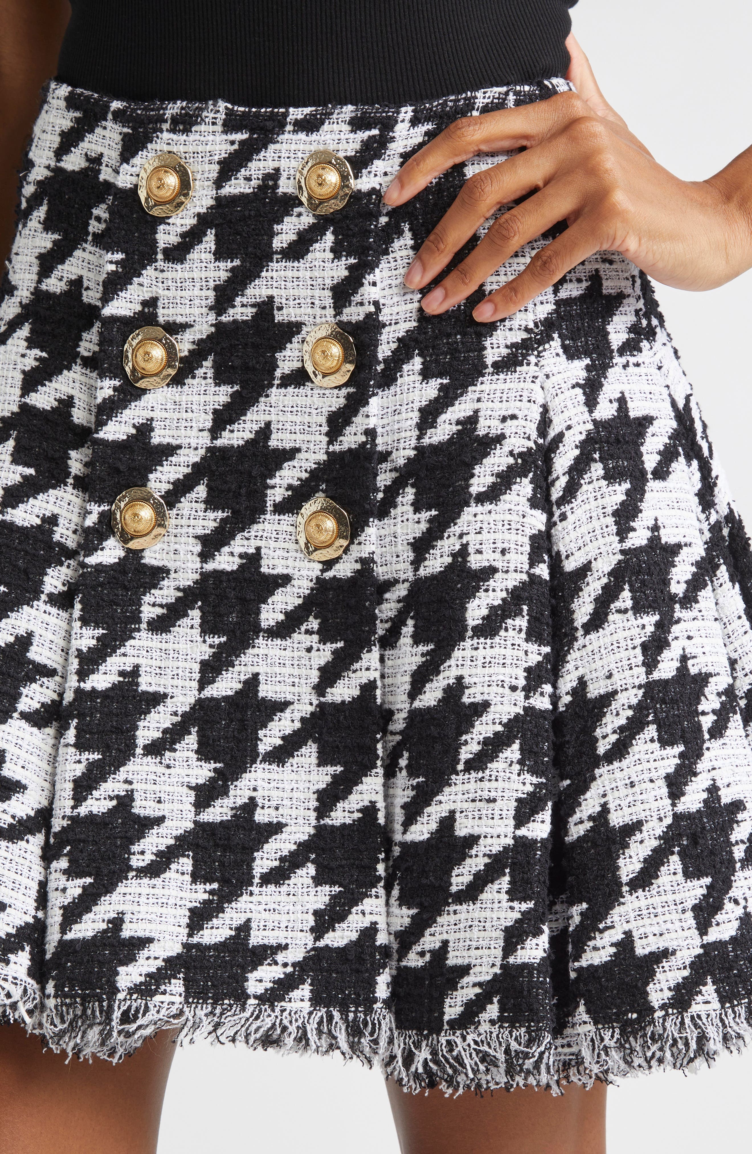 Balmain Houndstooth Check Tweed Flared Skirt in White/Black at Nordstrom - 5