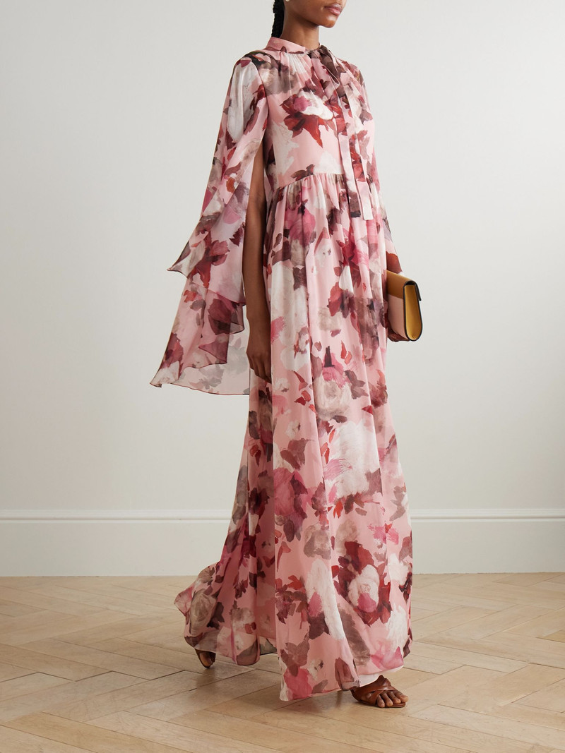 Erdem Cape-effect floral-print silk-voile gown Pink outlook