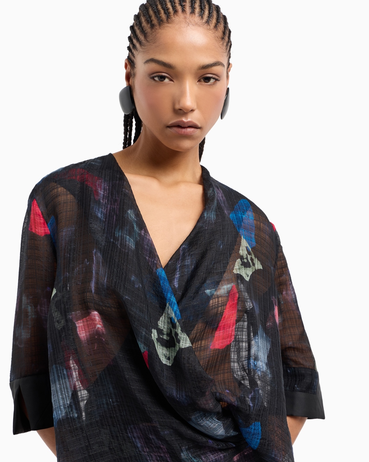SILK BLOUSE WITH TORCHON WITH MICRO CHECK MOTIF AND ABSTRACT PRINT - 5