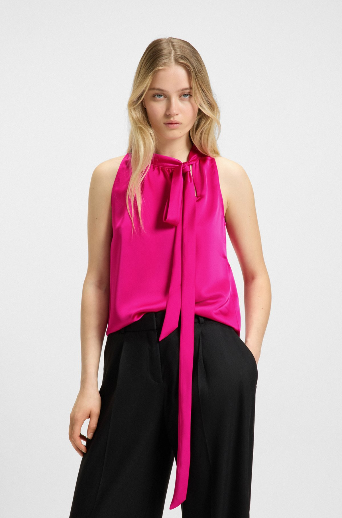 SLEEVELESS BLOUSE IN SATIN WITH TIE NECK - 2