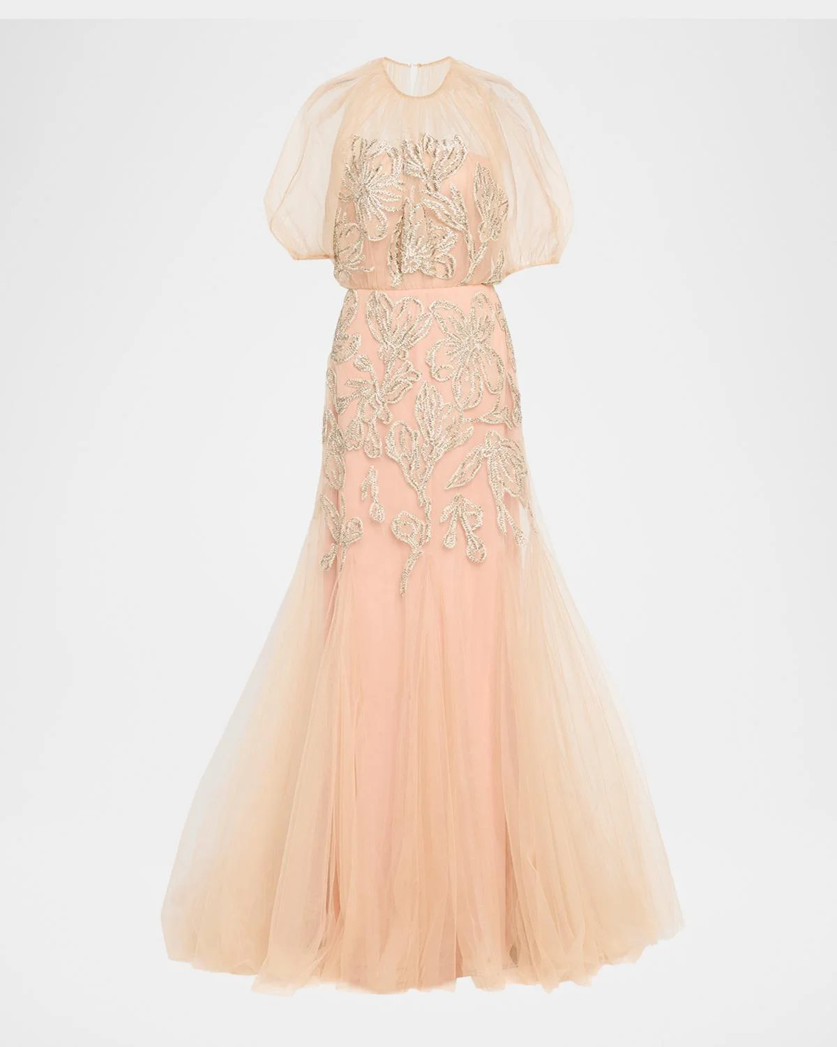 Ikat Floral Embroidered Tulle Trumpet Gown - 1