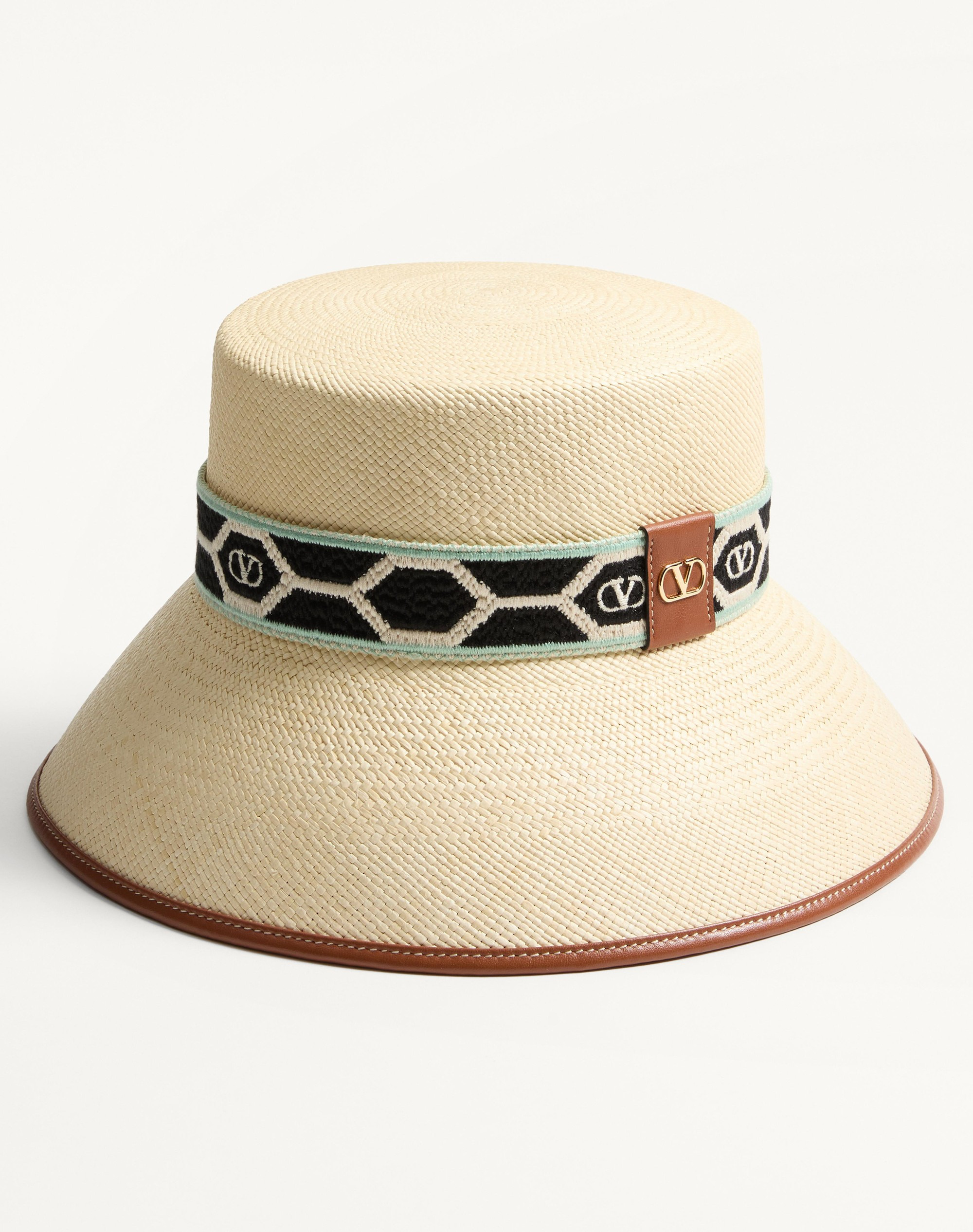 ANTIBES STRAW BUCKET HAT WITH LEATHER TRIM AND DIAMOND PATTERN RIBBON - 3