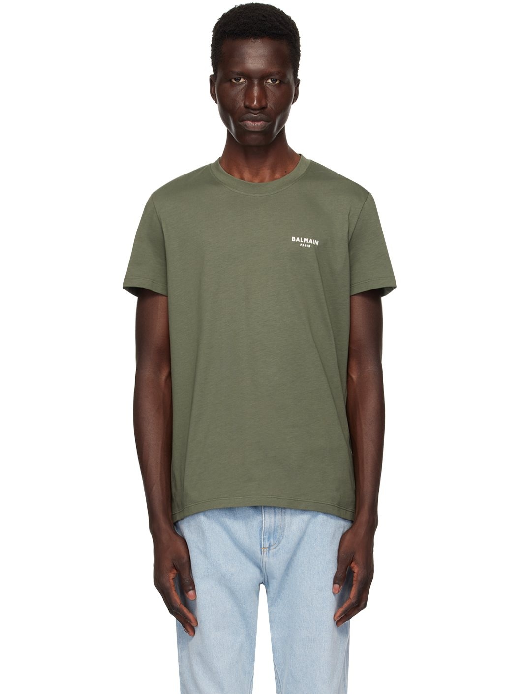 Khaki 'Balmain Paris' Flocked T-Shirt - 1