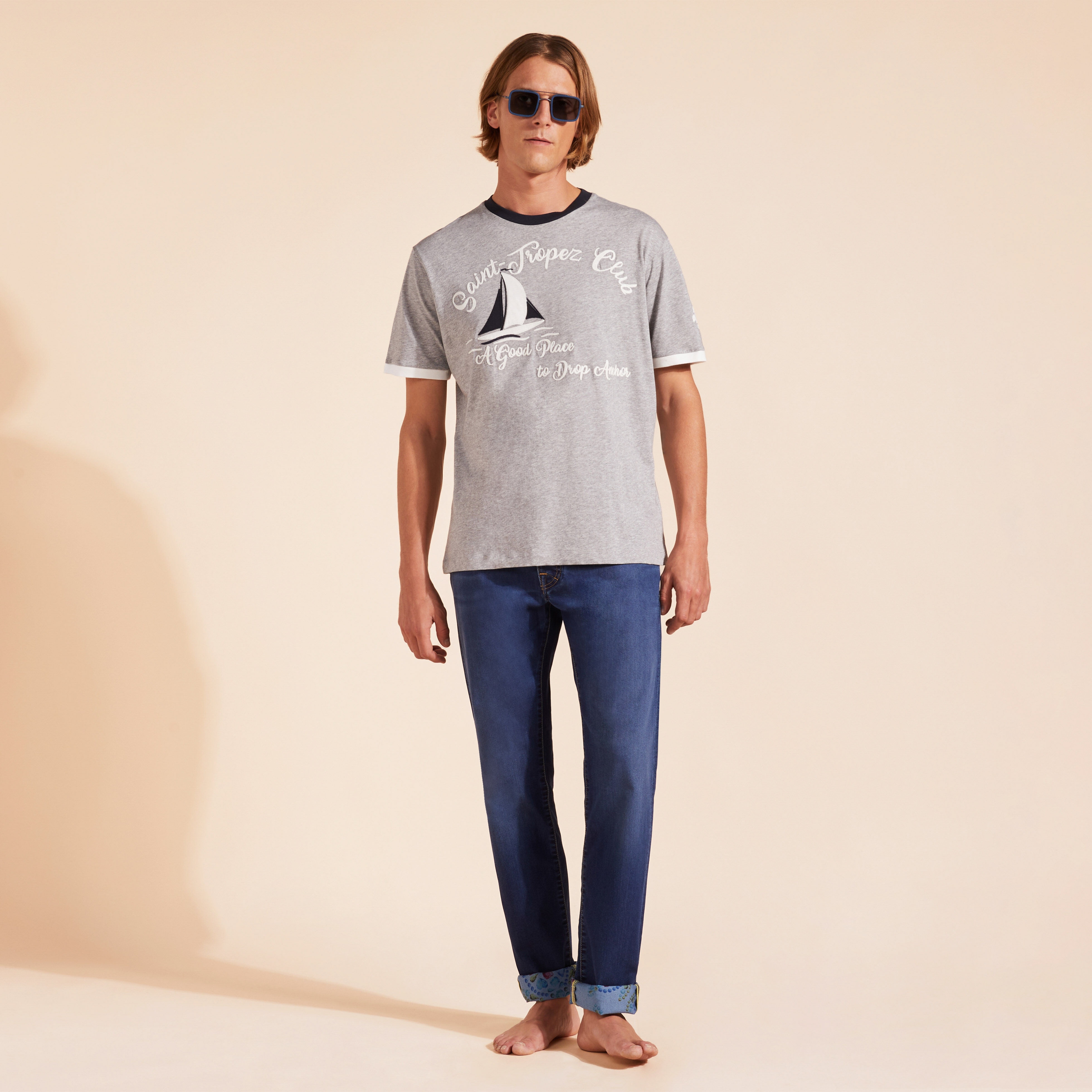 Men Cotton T-Shirt Yarn Dye Sail - 5