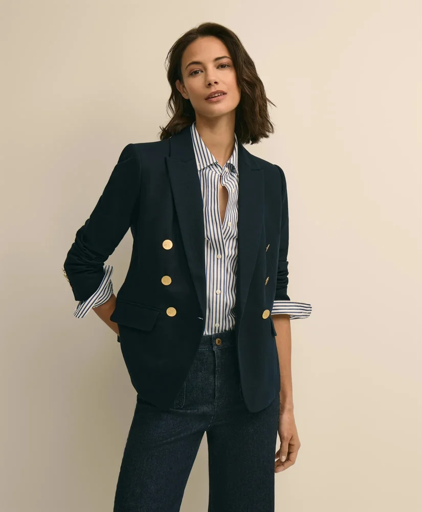 Cotton Knit Double-Breasted Blazer - 1