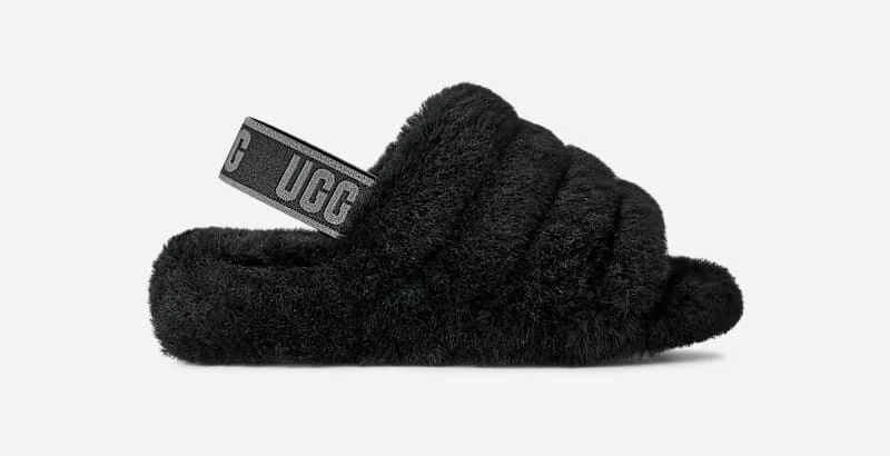 ® Women's Fluff Yeah Slide Sheepskin Slippers in Black/Dark Shadow - 1