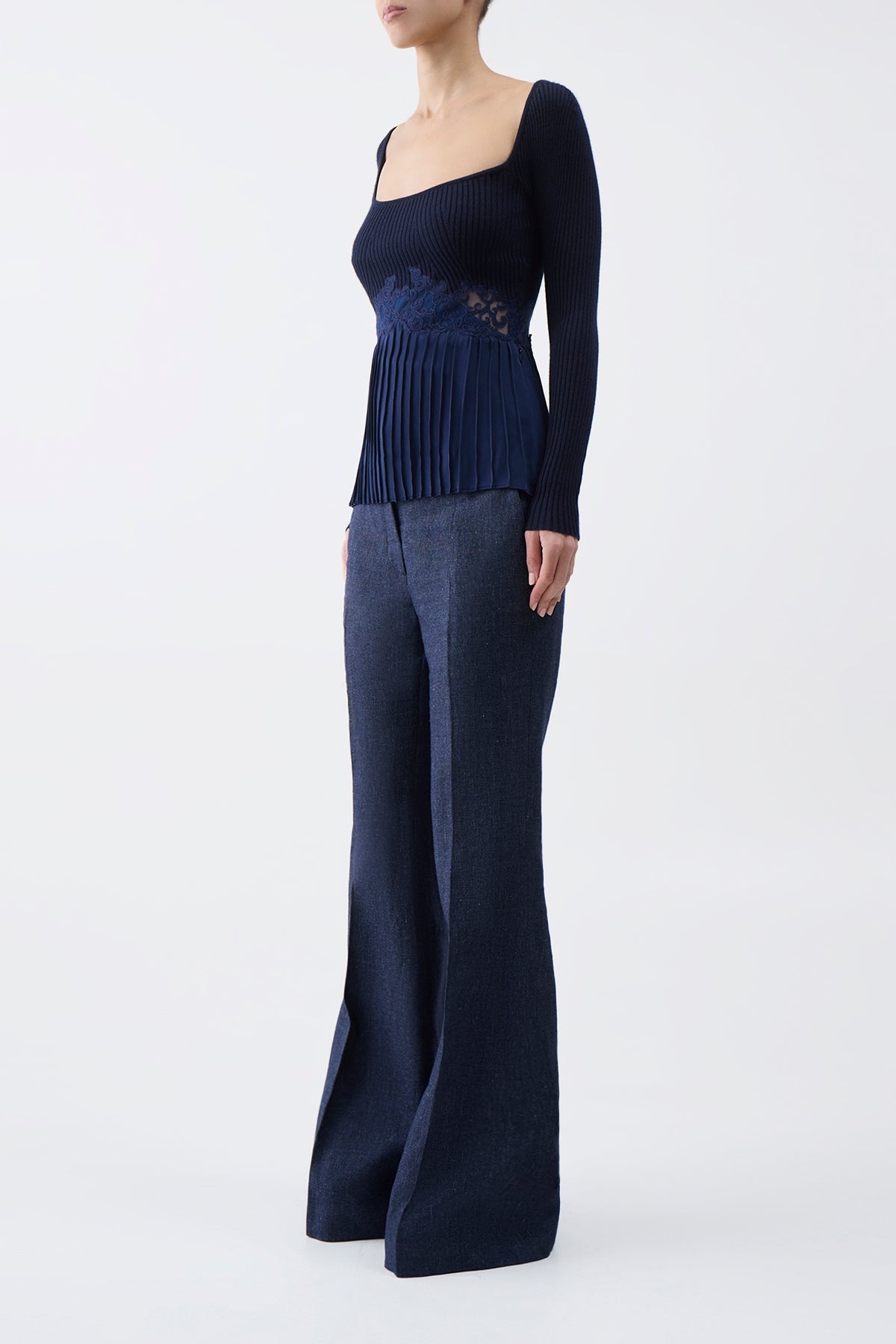 Fini Lace Top in Navy Silk Crepe - 3