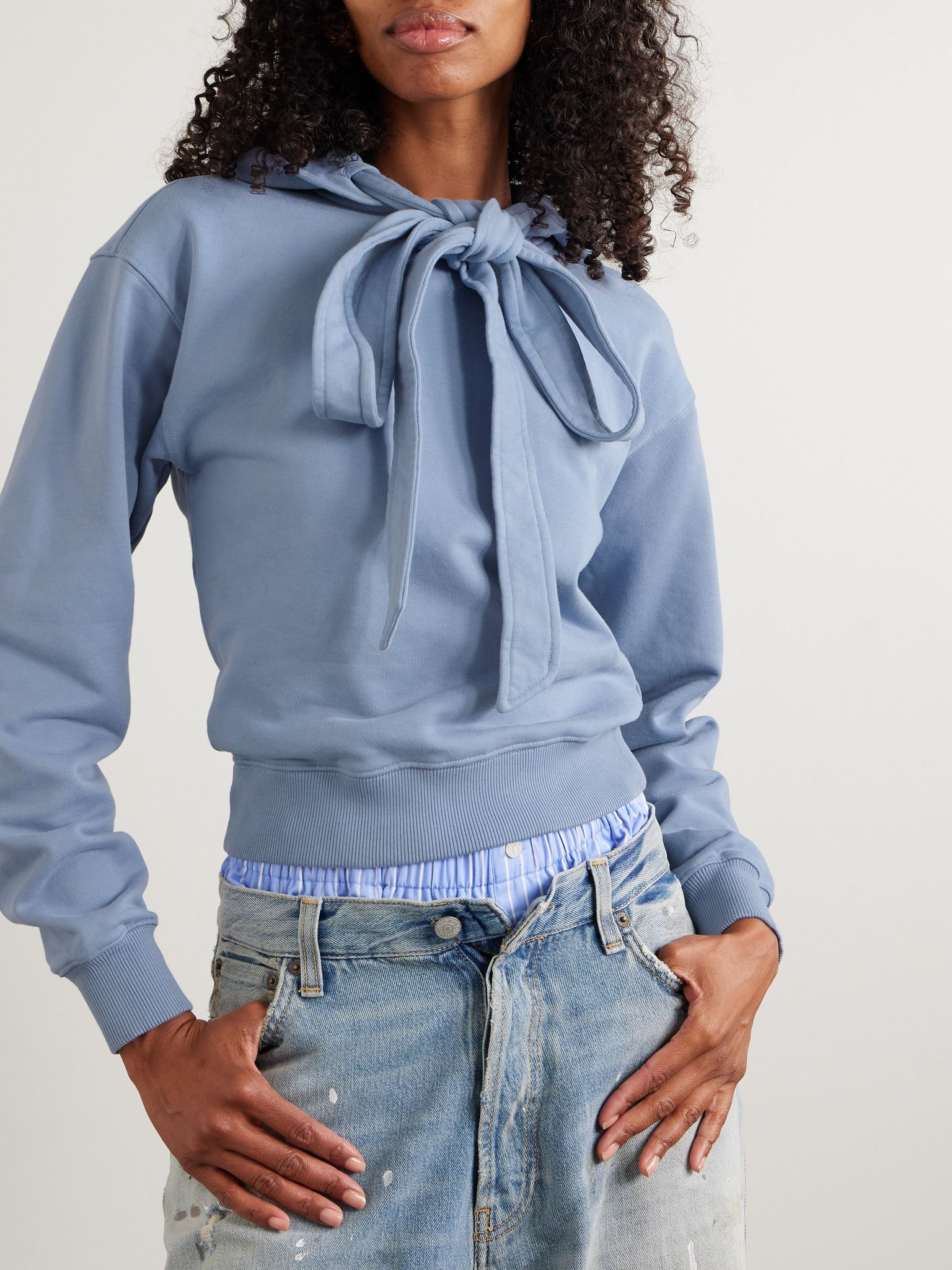 Tie-detailed cotton-jersey hoodie Light blue - 3