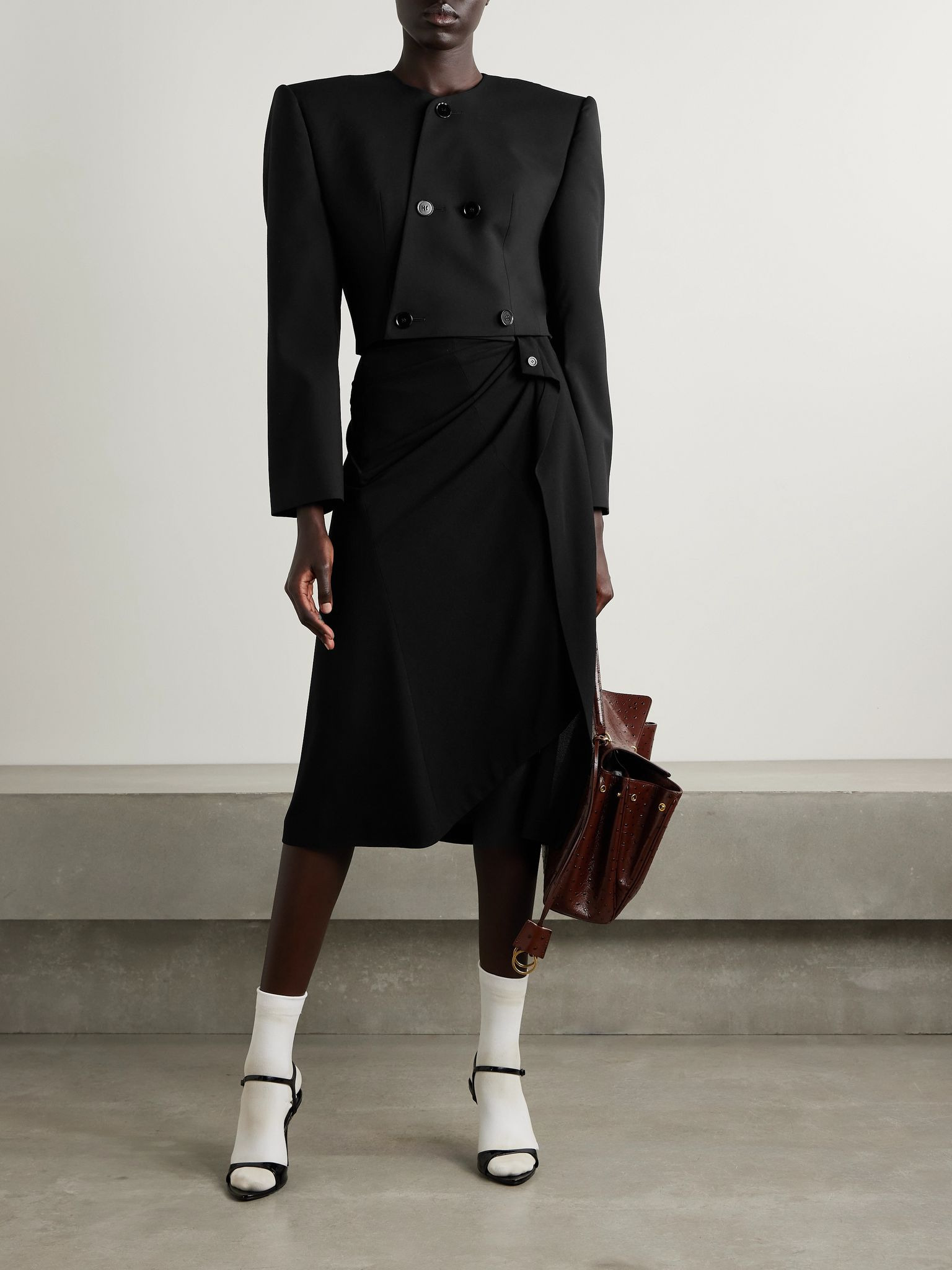 Draped wrap-effect crepe midi skirt Black - 2