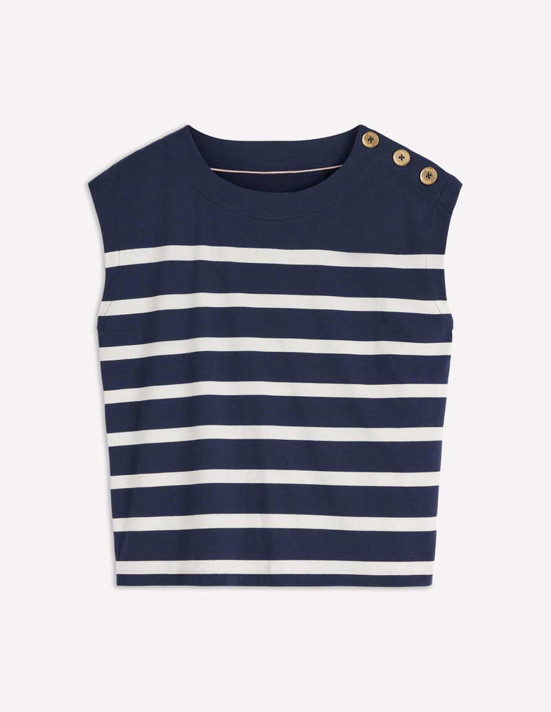 Button Detail T-Shirt-Navy and Ivory Stripe 1