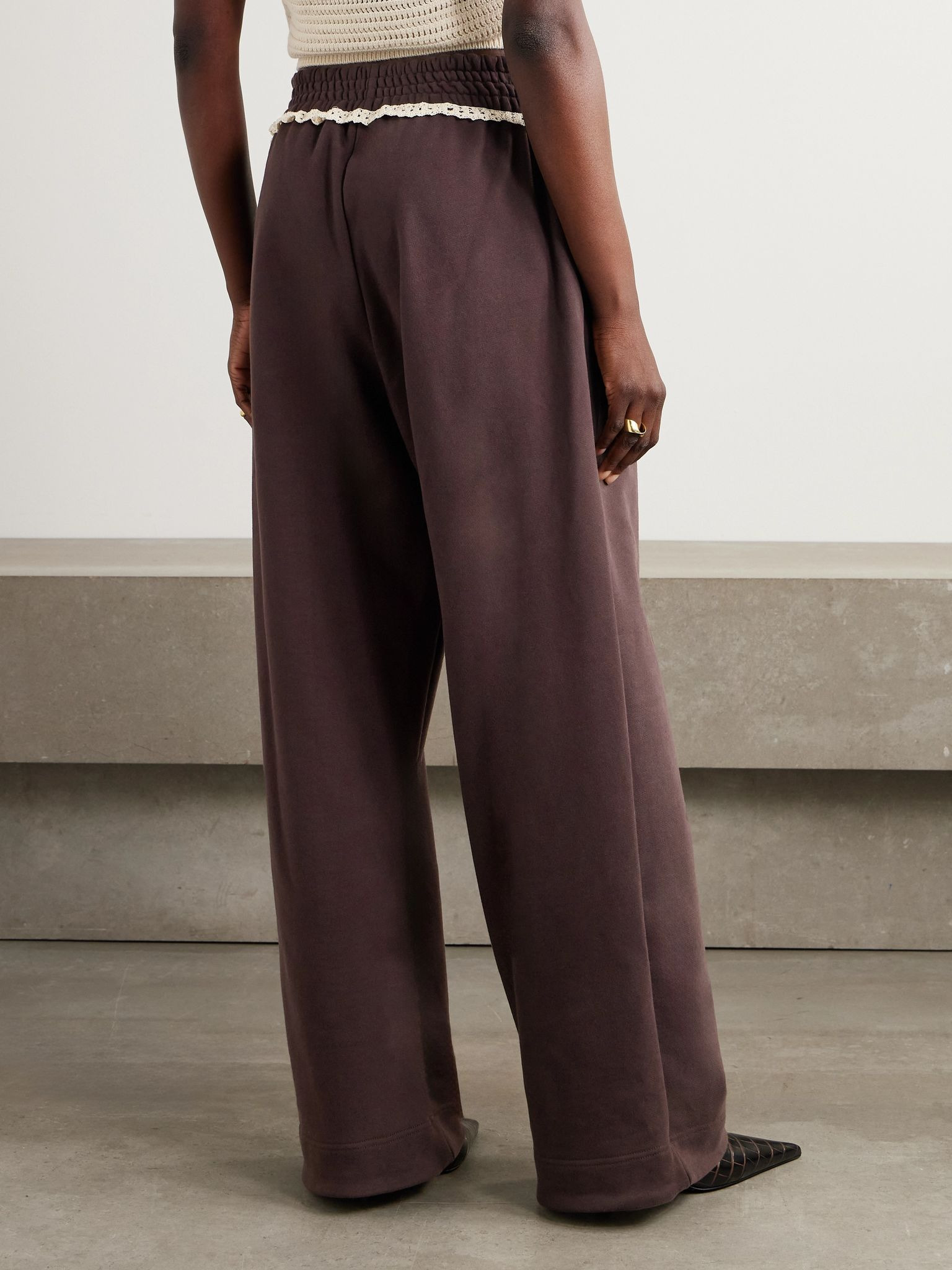 Crochet-trimmed cotton-jersey wide-leg track pants Brown - 4