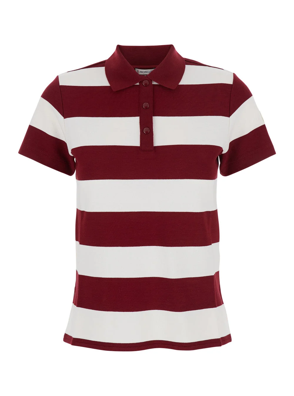Moncler Women Red Polo Shirt With Logo Patch On The Sleeve And All-Over Striped Motif In Viscose Str - 1