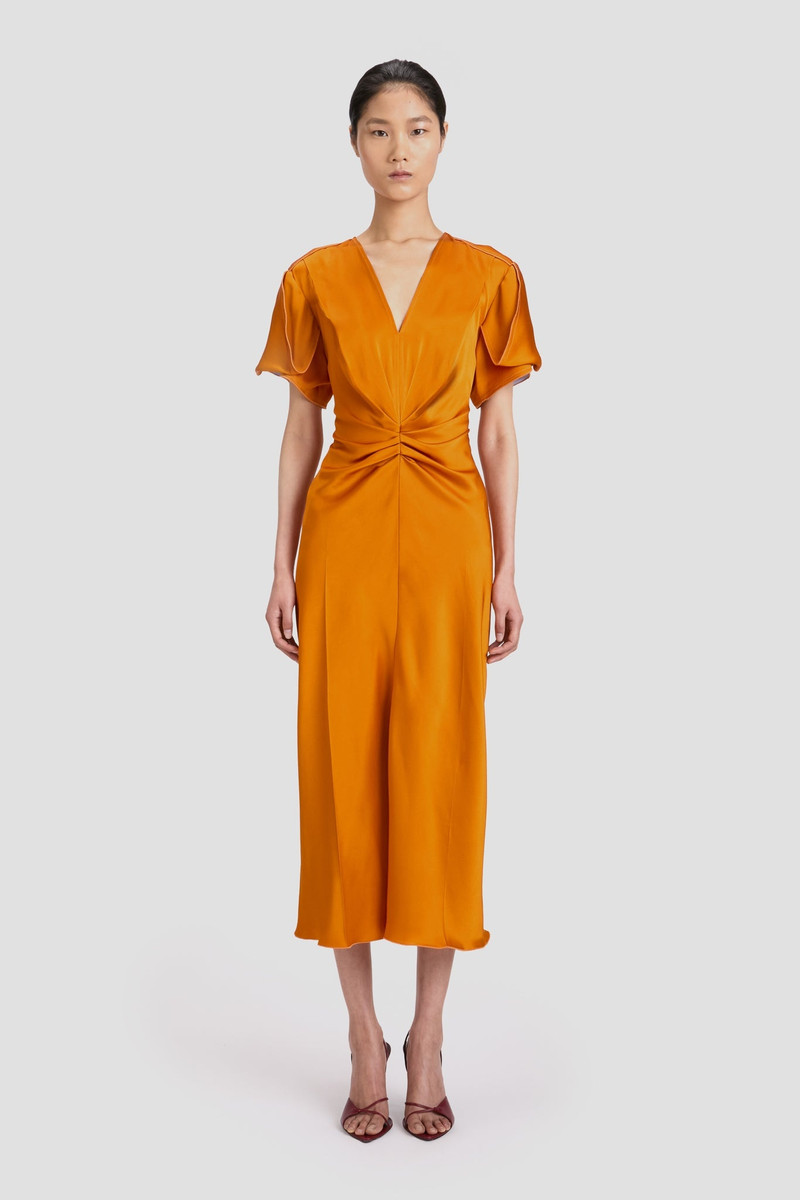 Victoria Beckham Gathered V-Neck Midi Dress In Sunset Orange outlook