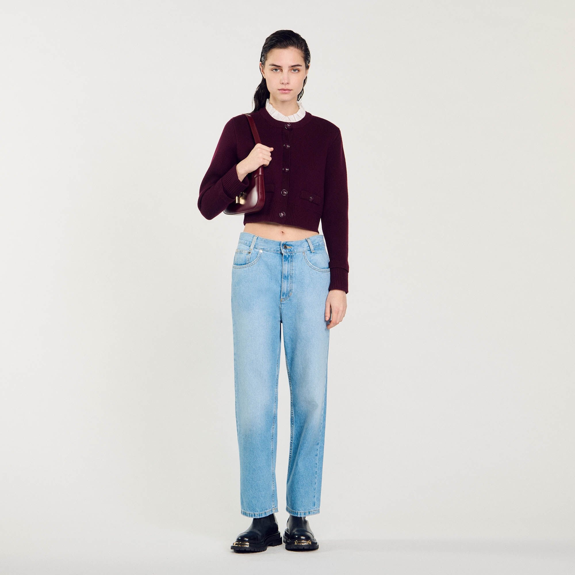 KNIT CARDIGAN WITH RUFFLED COLLAR - 1