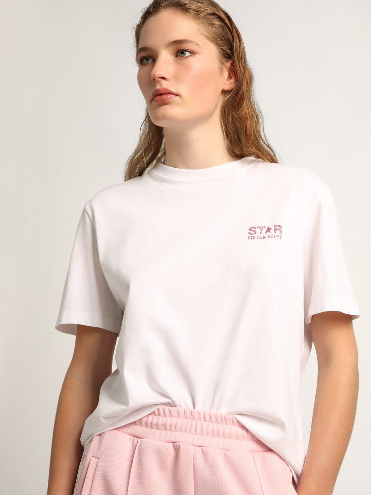 Women's white T-shirt with pink glitter logo and star - 5