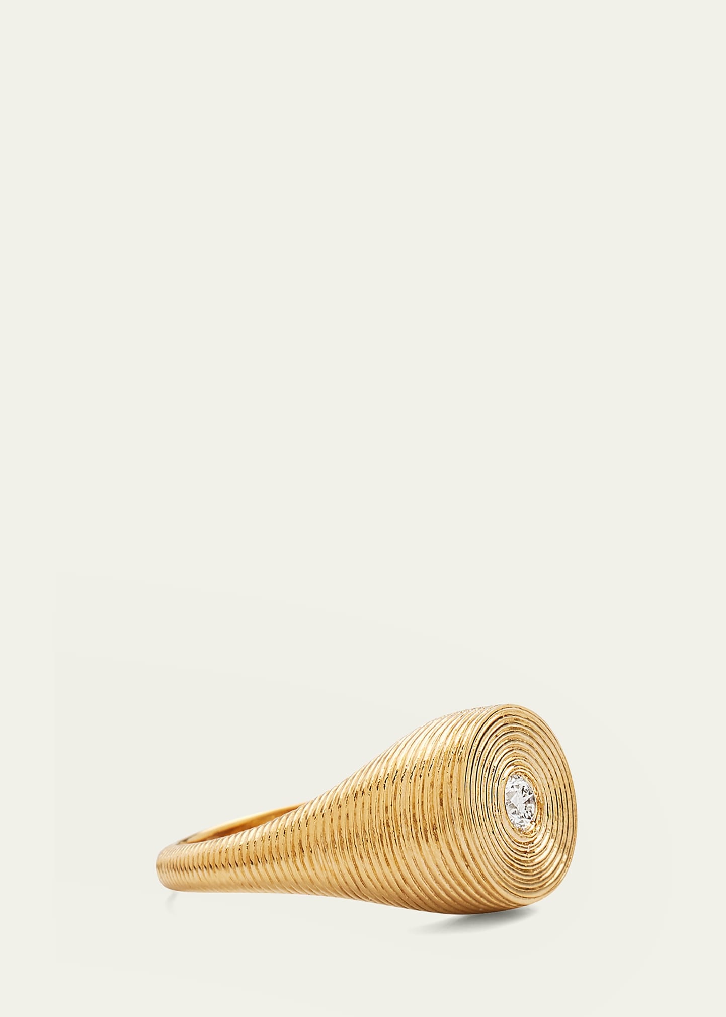 14K Gold Round Diamond Fluted Signet Ring - 4