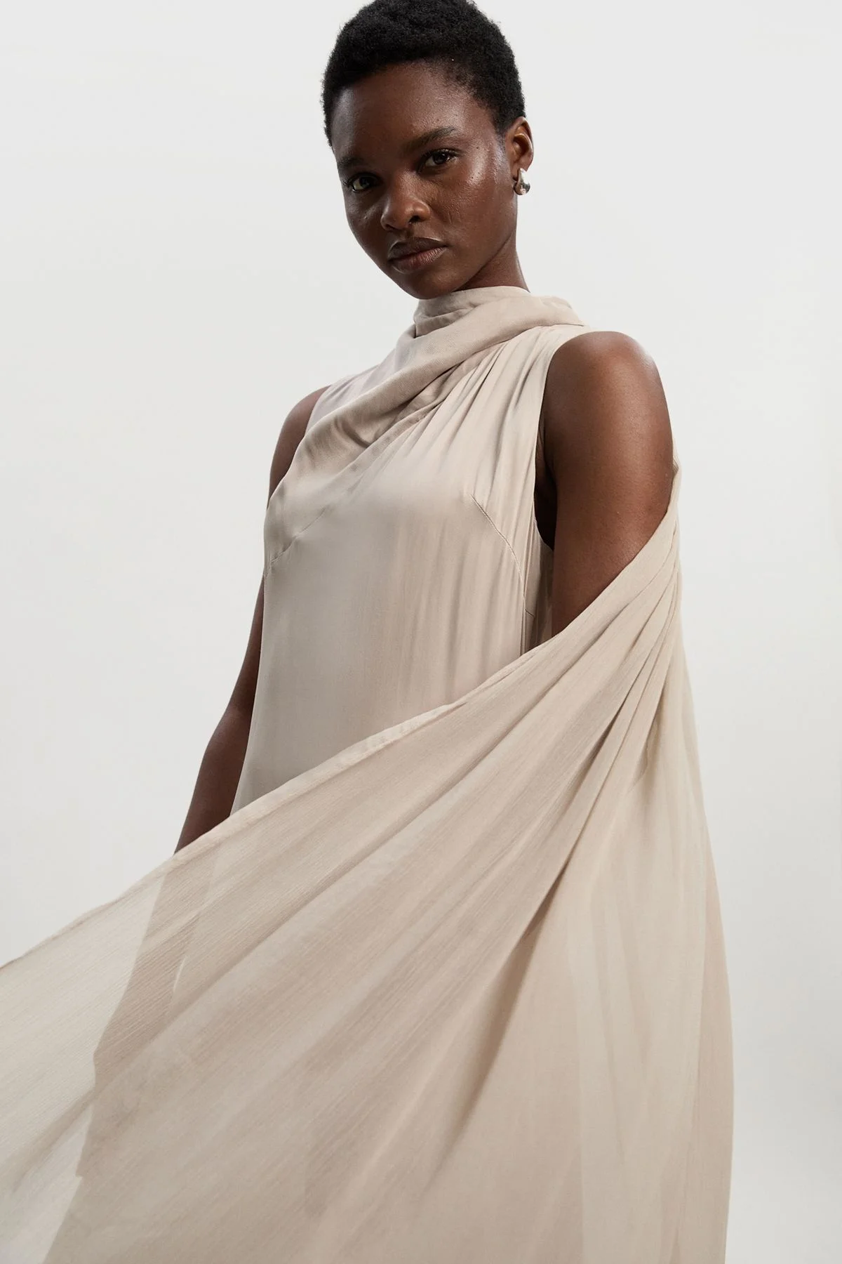 Satin Drape Georgette Cape Detail Midi Dress - 1