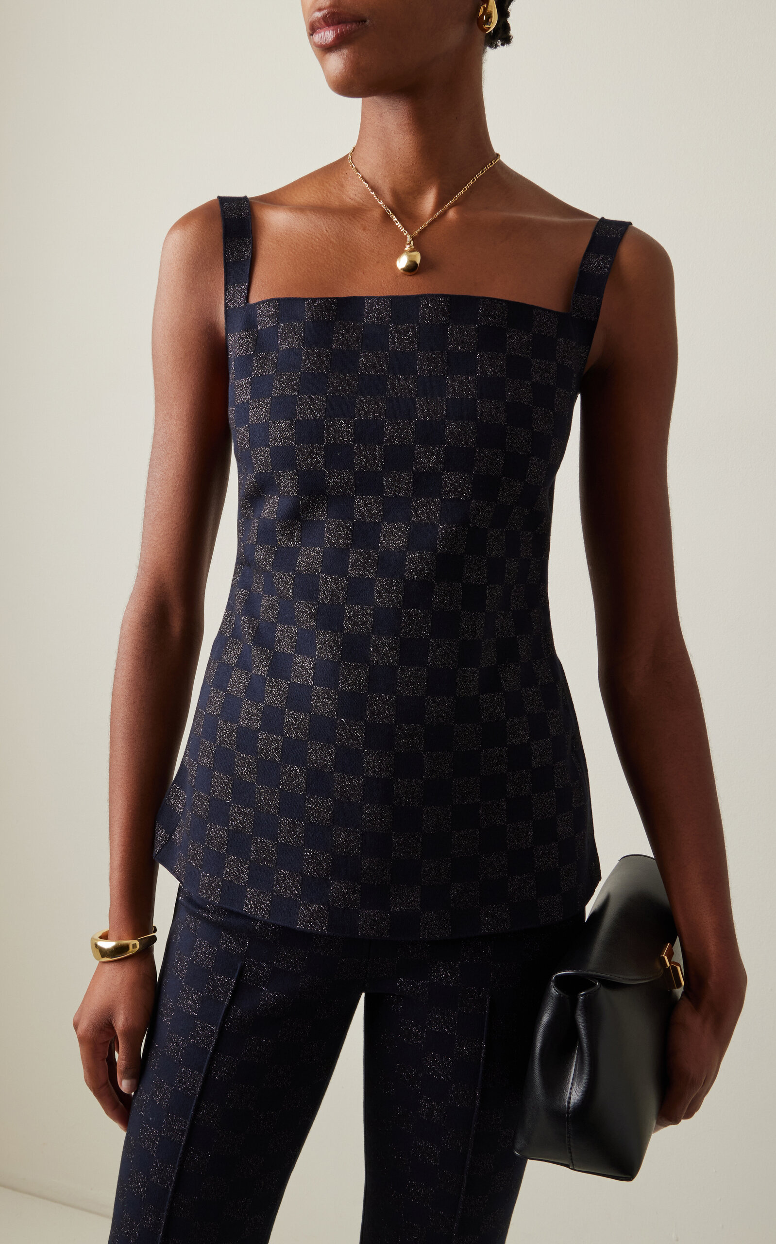 Exclusive Asher Checked Cotton-Blend Knit Apron Top navy - 2