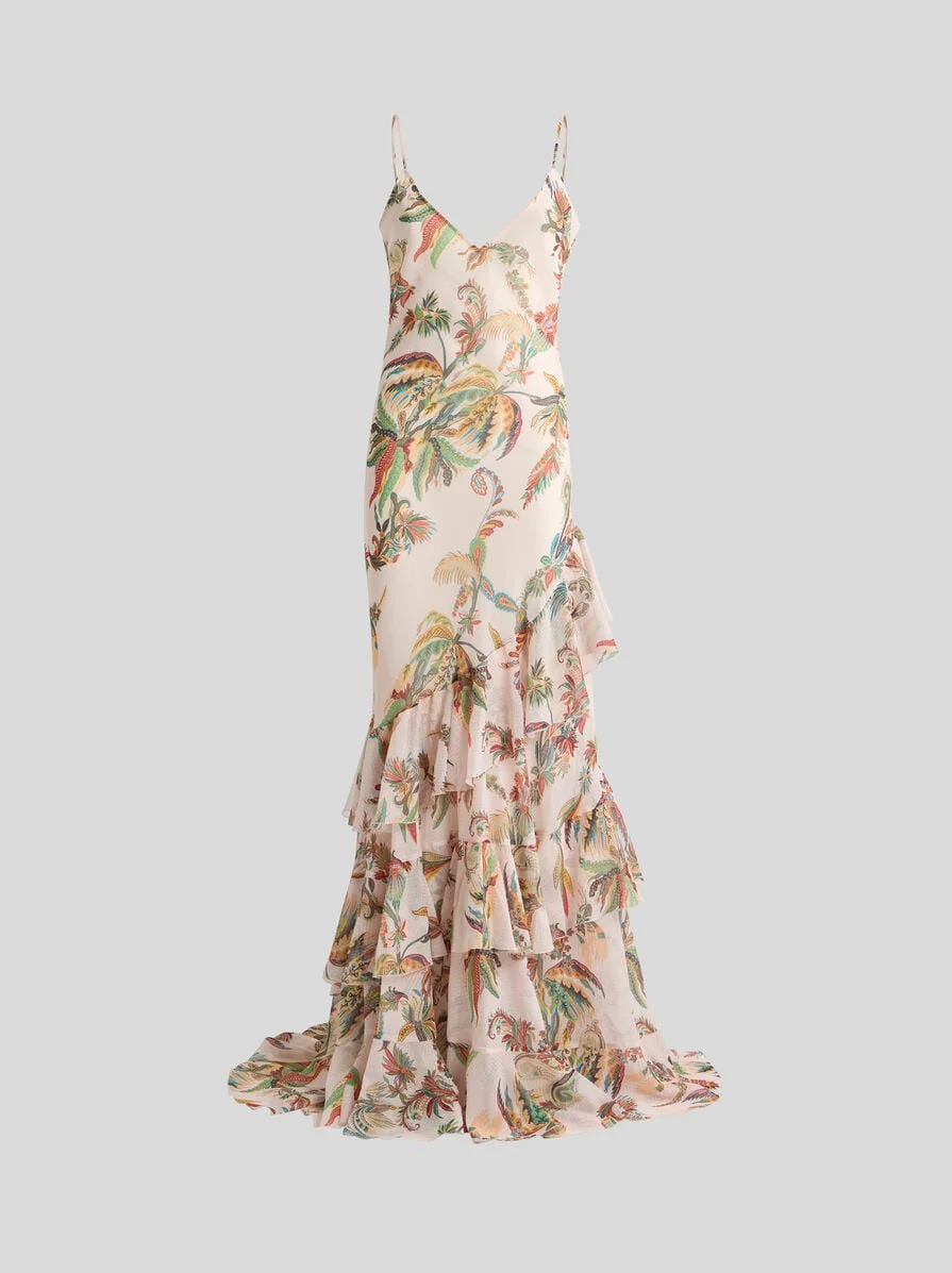 LONG SEERSUCKER DRESS WITH RUFFLES AND PAISLEY FOLIAGE MOTIF - 1