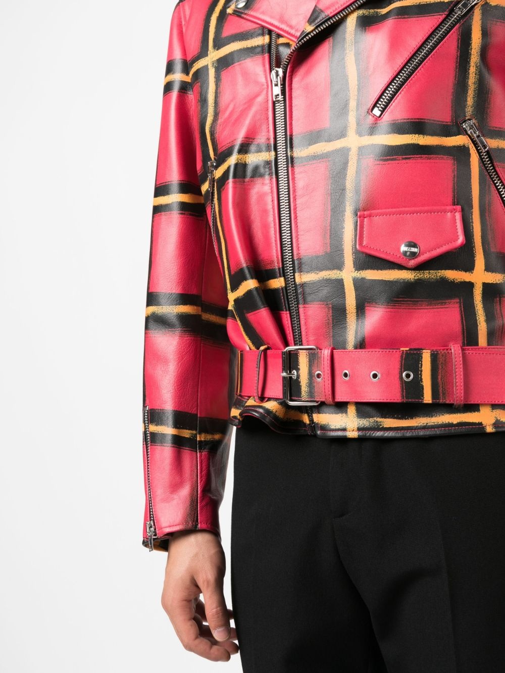 check-pattern leather jacket - 5