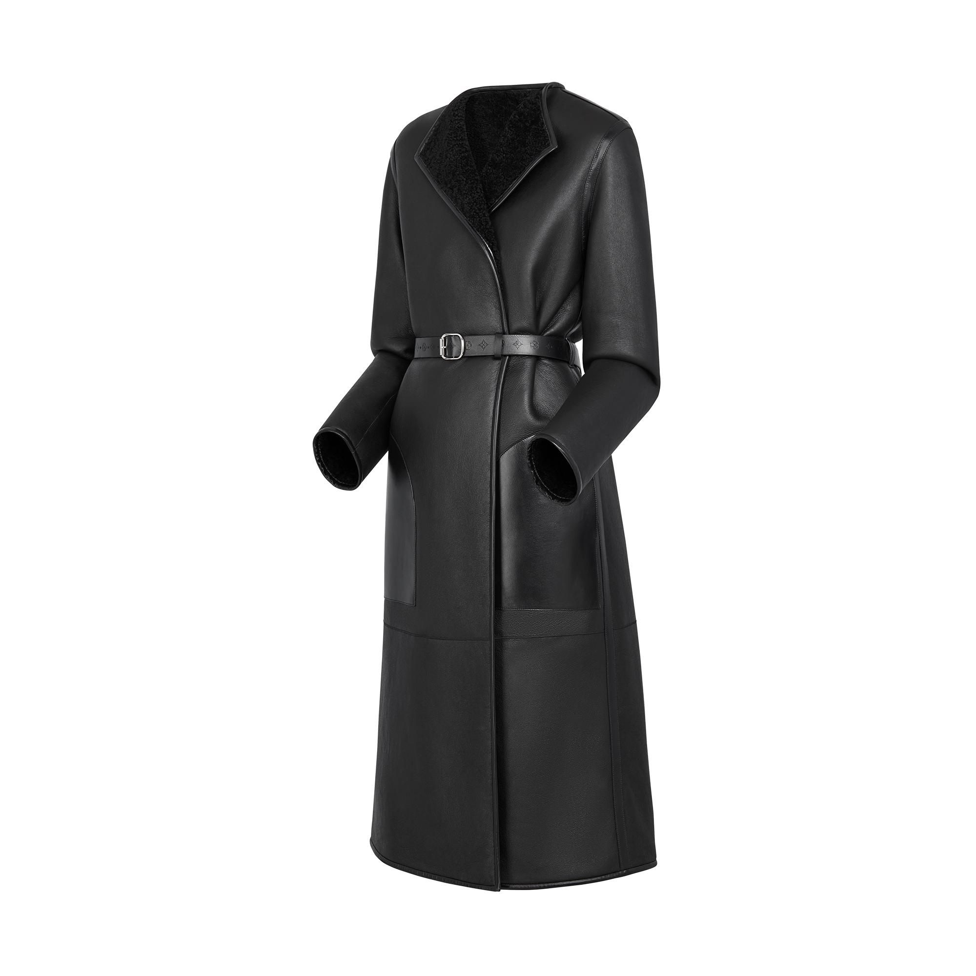 Black Wrap Coat In Merino Shearling - 2