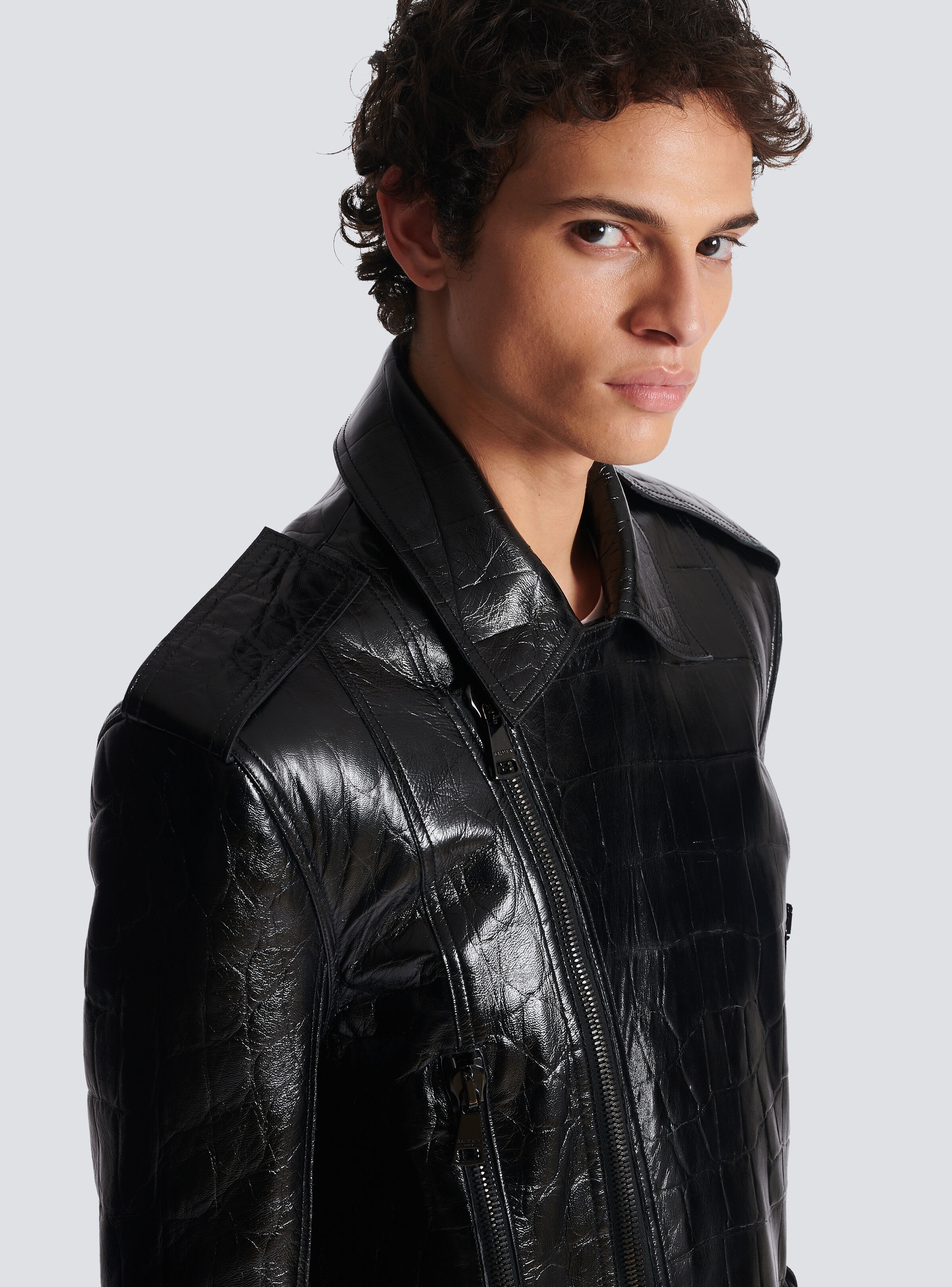 Crocodile-effect leather biker jacket - 8