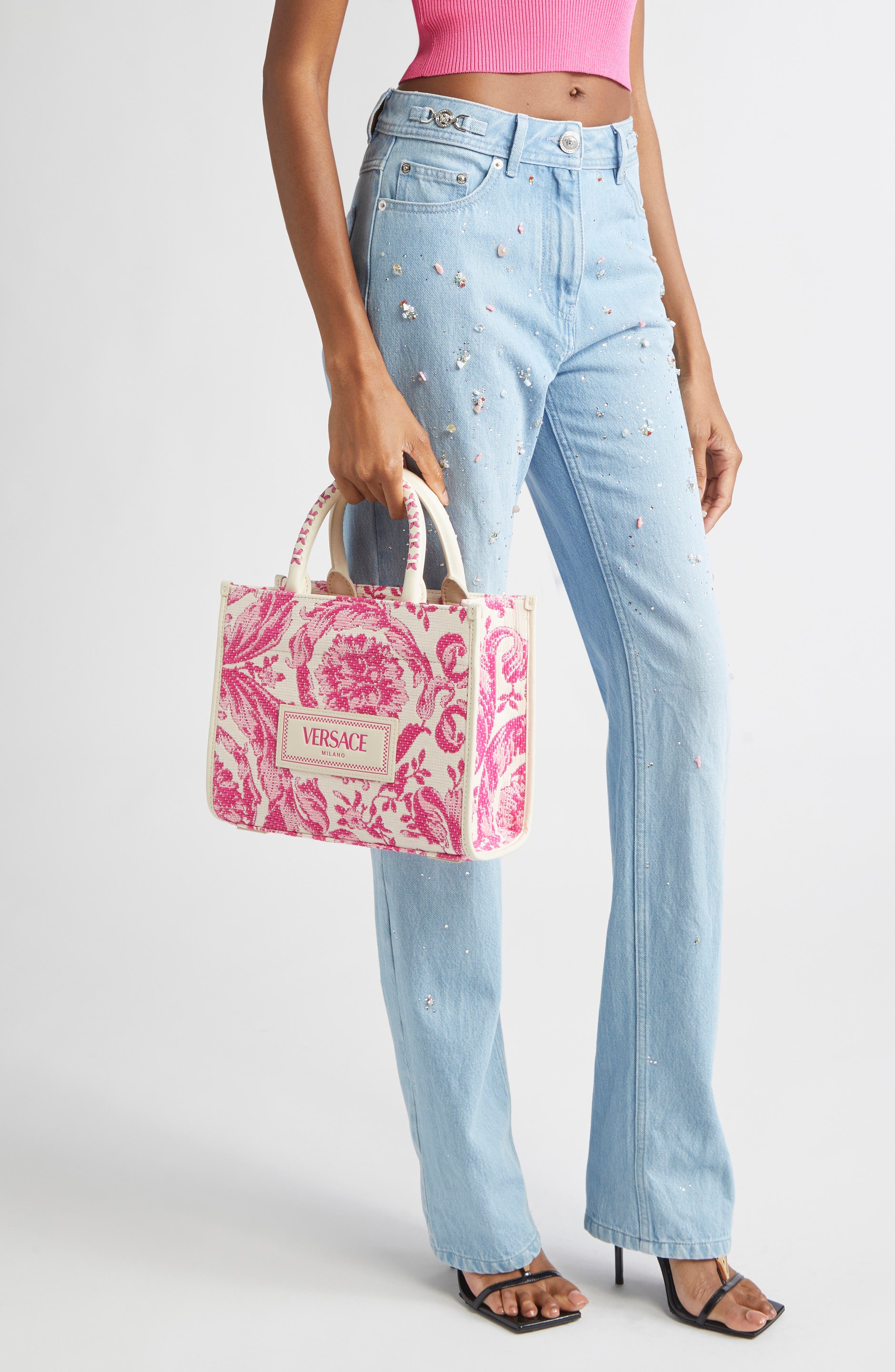 Versace Small Barocco Raffia Tote in Eggshell Dragon Fruit at Nordstrom - 2