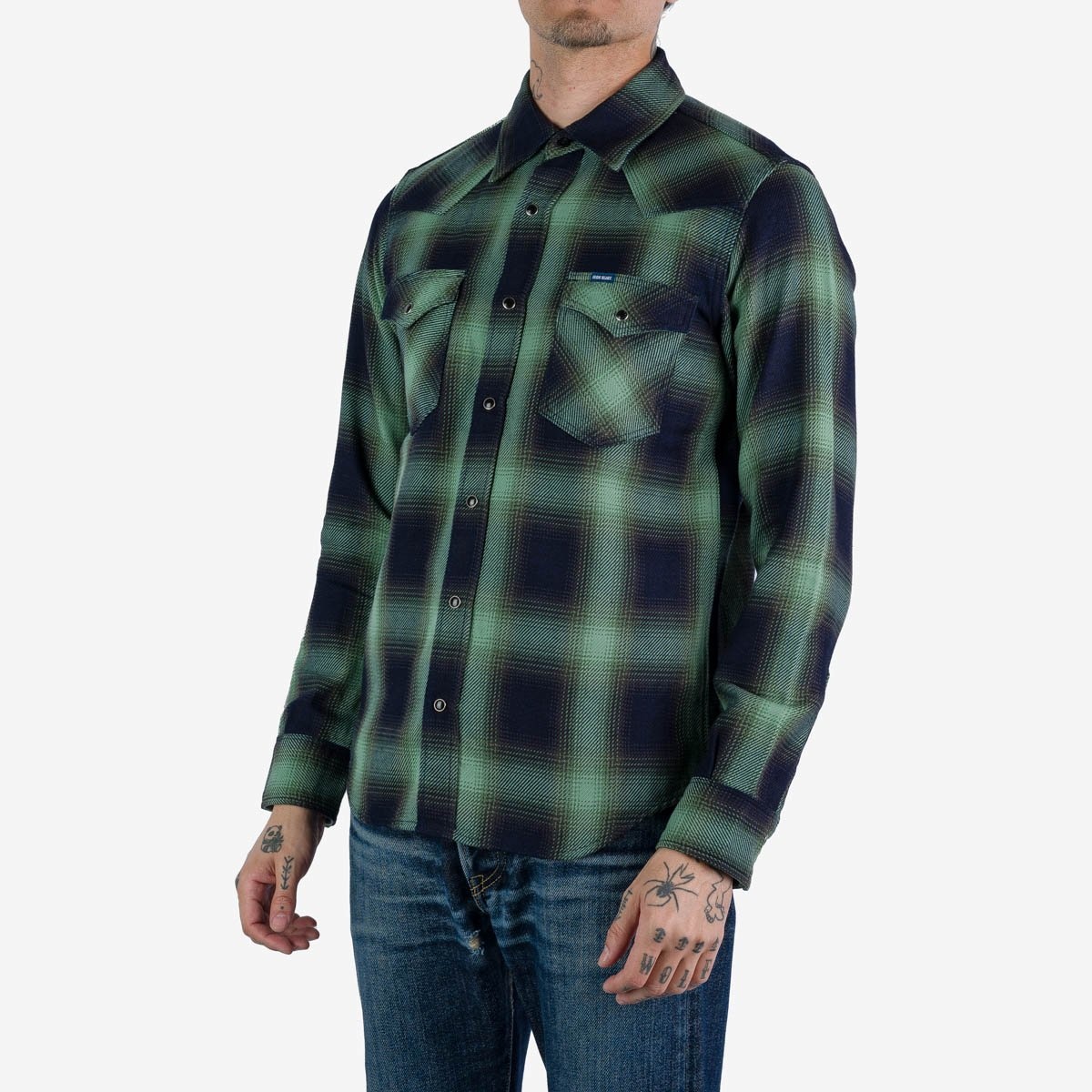 IHSH-348-GRN 9oz Selvedge Ombré Check Western Shirt - Green - 2